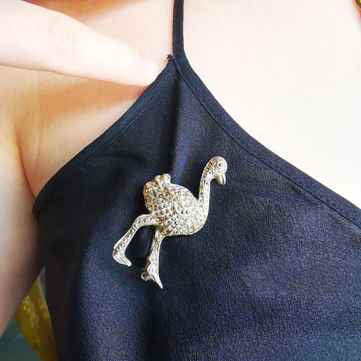 Antique 1920s Art Deco Ostrich Brooch, Natural Marcasite Gold-Plated Bird Pin, US Duty Free HTS 9706