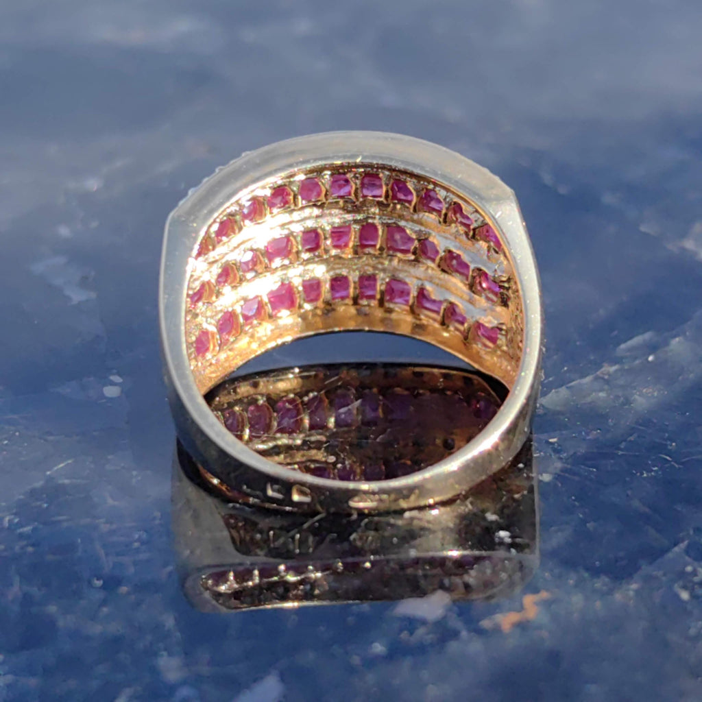 Vintage 18k Solid Yellow Gold Natural Raspberry Red Ruby and Diamond Statement Wide Ring Unisex Size 7.25