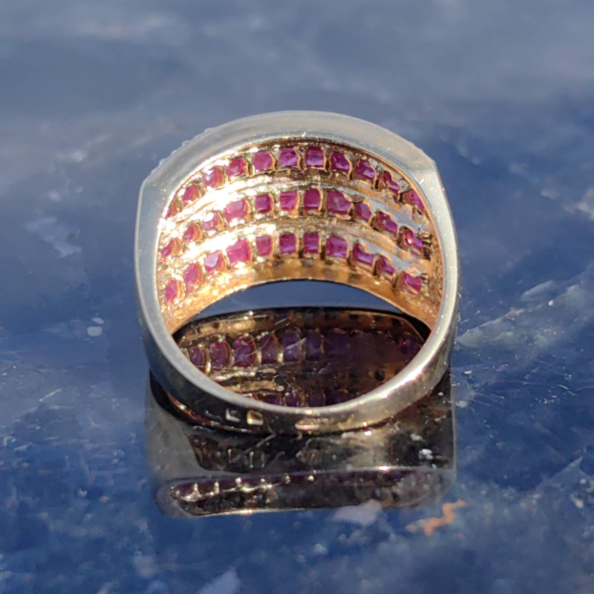 Vintage 18k Solid Yellow Gold Natural Raspberry Red Ruby and Diamond Statement Wide Ring Unisex Size 7.25