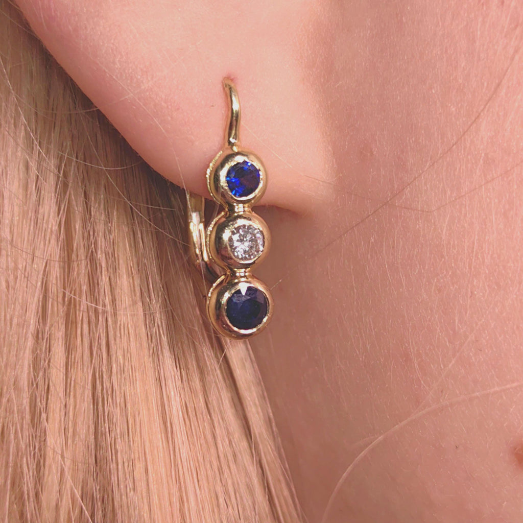 Vintage 14k Gold Sapphire Diamond Lever Back Earrings – Elegant Dainty Dormeuses