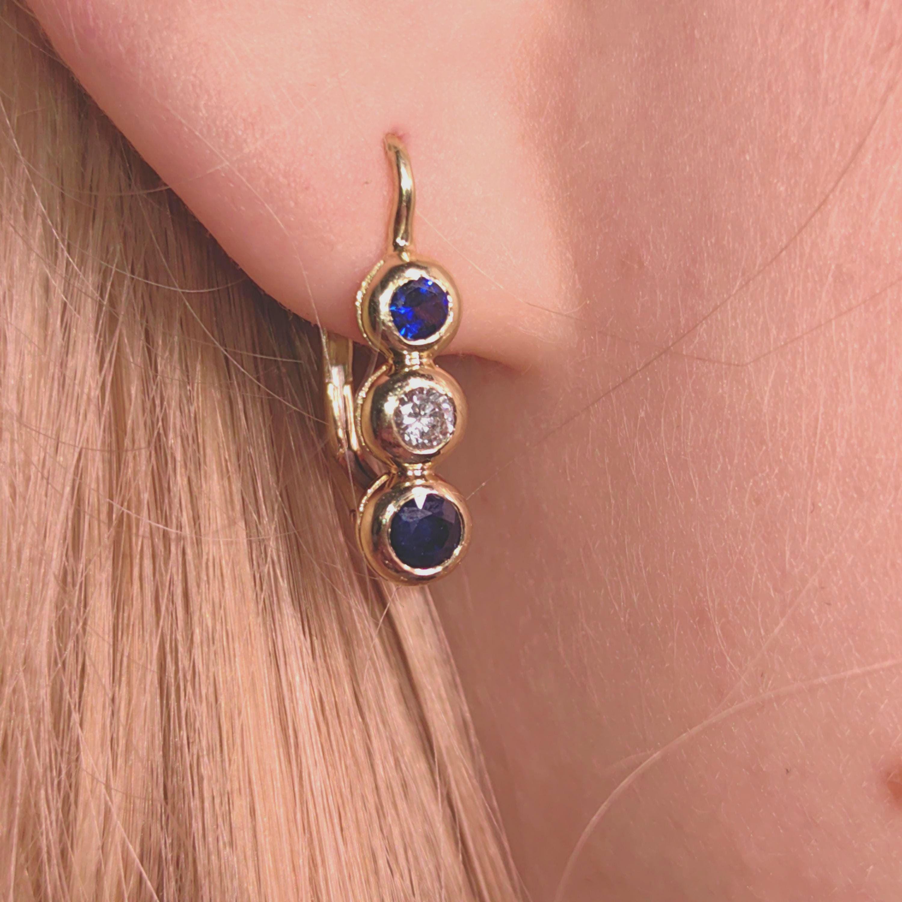Vintage 14k Gold Sapphire Diamond Lever Back Earrings – Elegant Dainty Dormeuses
