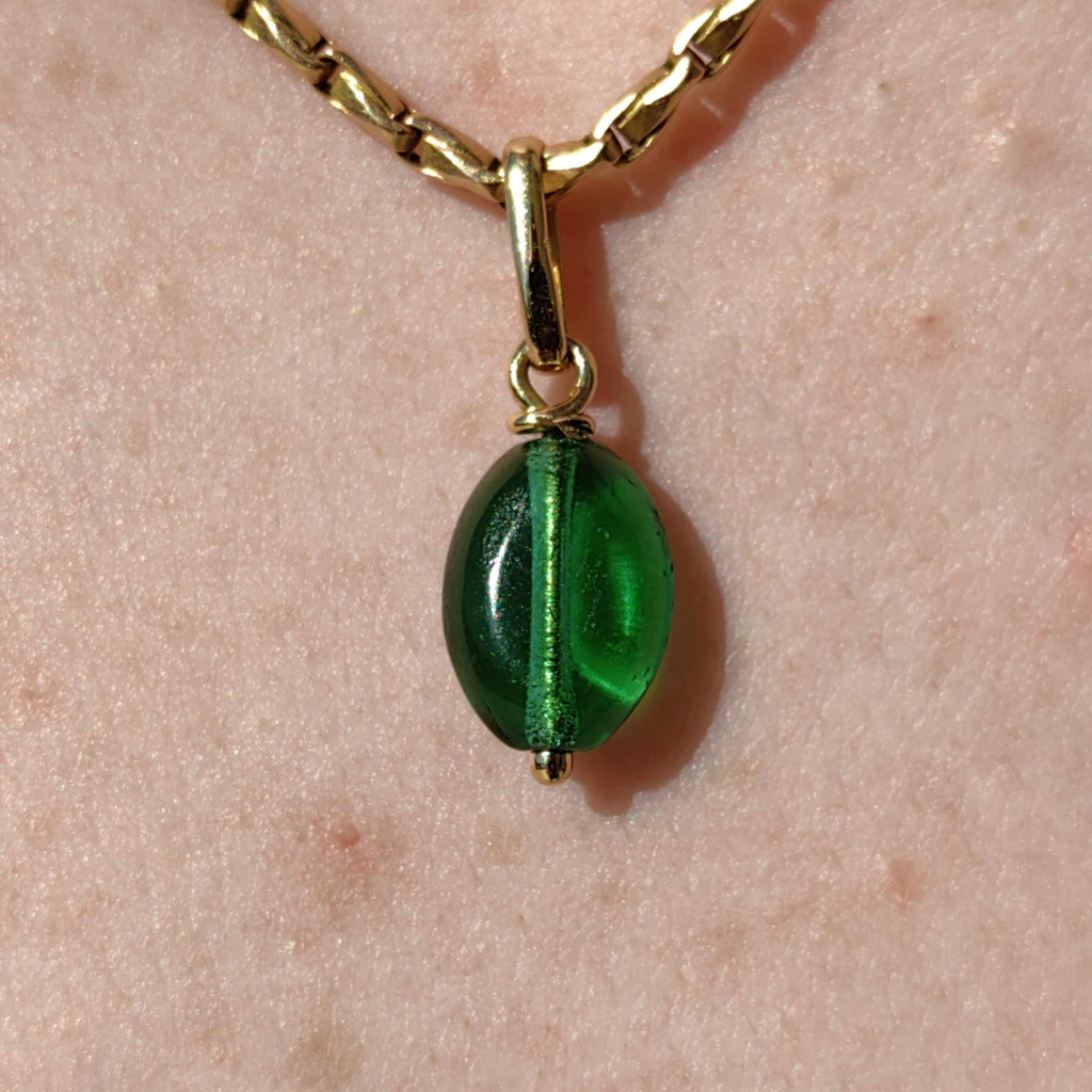 14K Solid Yellow Gold Vintage Antique Art Deco 1930s Green Paste Stone Necklace Pendant Bracelet Charm Gift for her Present Emerald