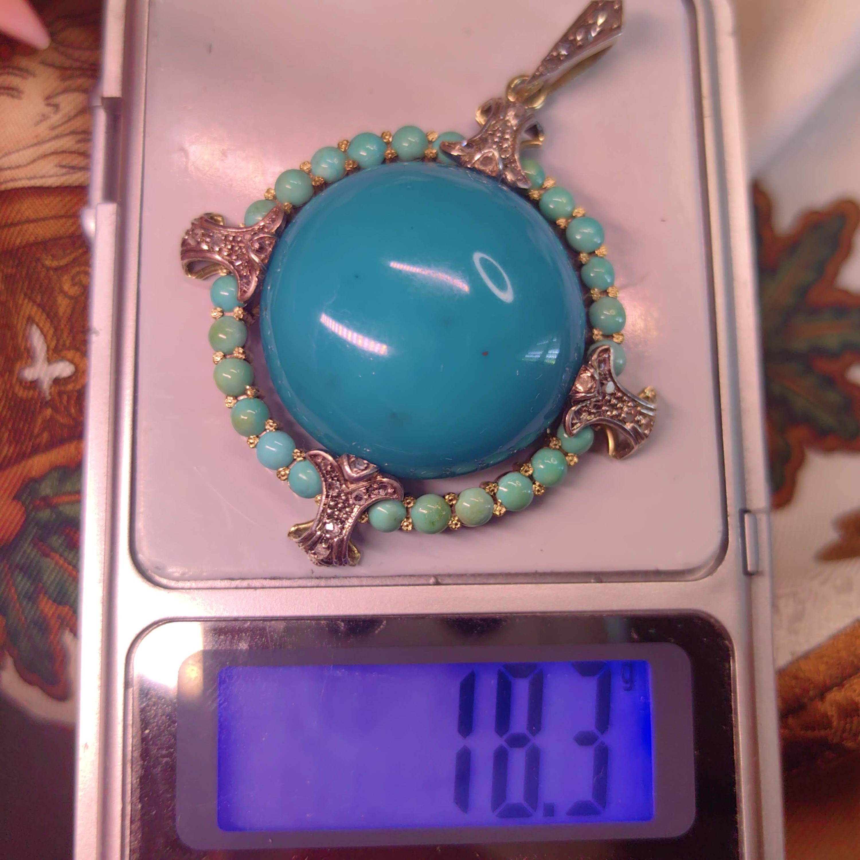 1930s Art Deco Natural Blue Turquoise Pendant 18k Solid Yellow Gold Rose Diamond Statement Pendant Charm Gift for Her Present