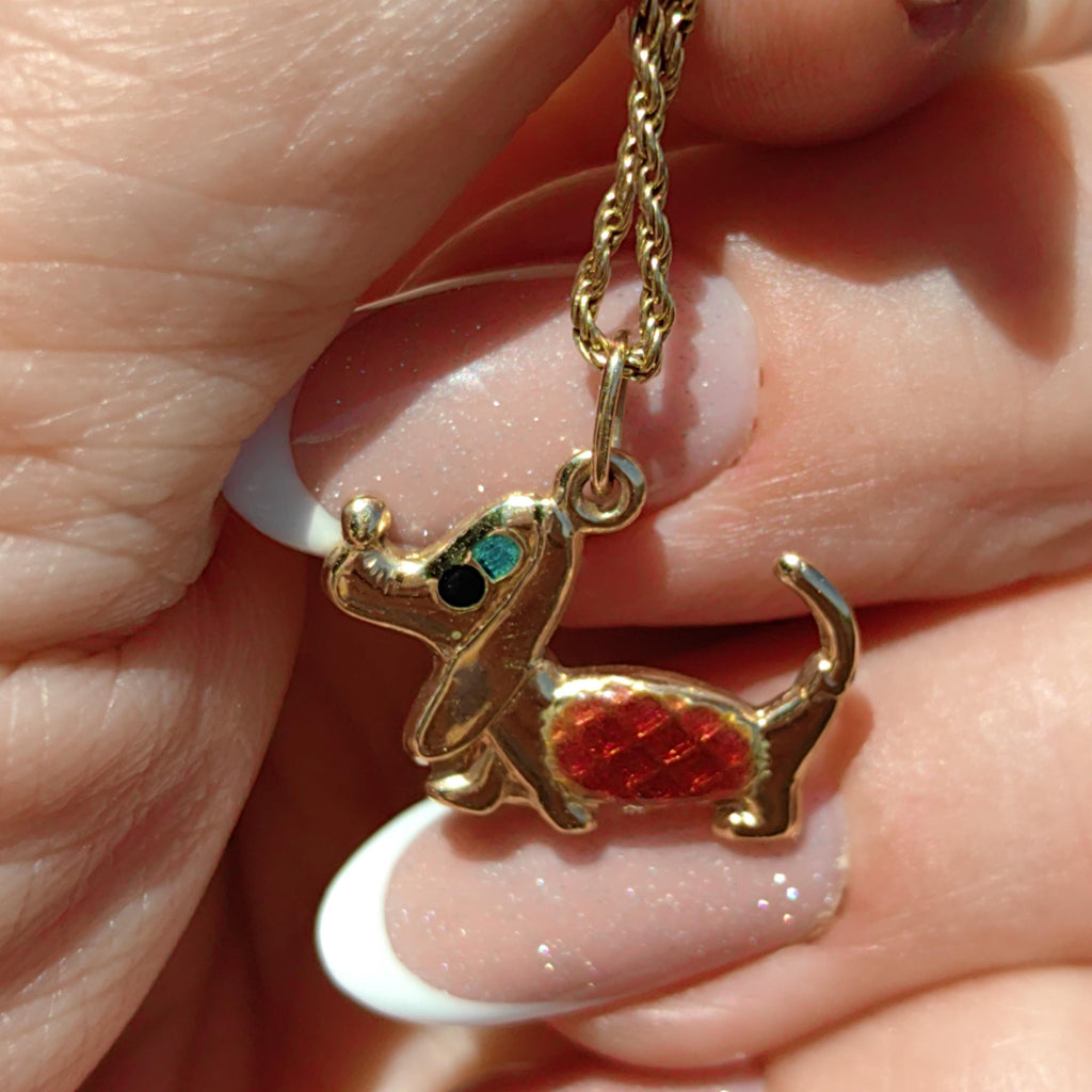 Vintage 14k Solid Yellow Gold Dachshund Dainty Elegant Pendant Hand Painted Fire Enamel Dog Bracelet Charm 1960s Style Necklace Pendant Gift