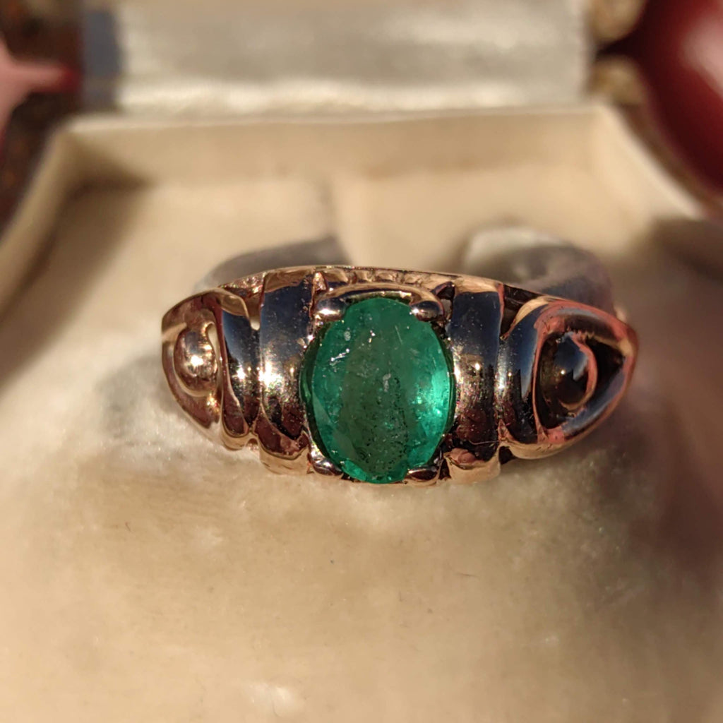 Art Nouveau 1900s Emerald Hallmarked 14k 585 Solid Yellow Rose Gold Antique Vintage Oval Natural Stone Band Solitaire Ring Gift Present