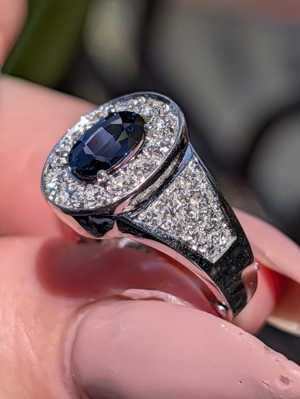 Natural Sapphire Diamond 18k 750 Hallmarked Solid White Gold Mid Century Engagement Ring, Vintage Antique Elegant Ring Gift for Her