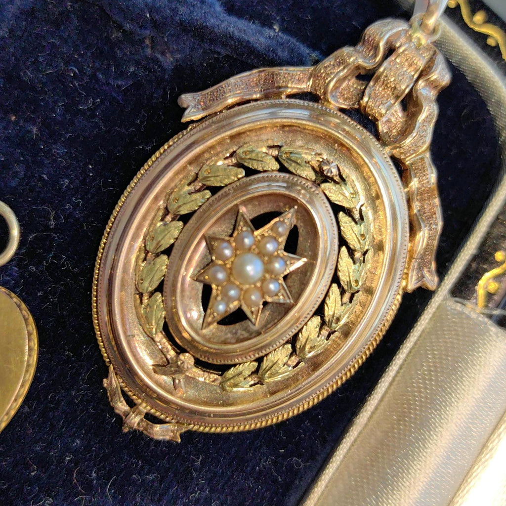 18k Gold Natural Pearl Pendant: Antique Bow Star Charm