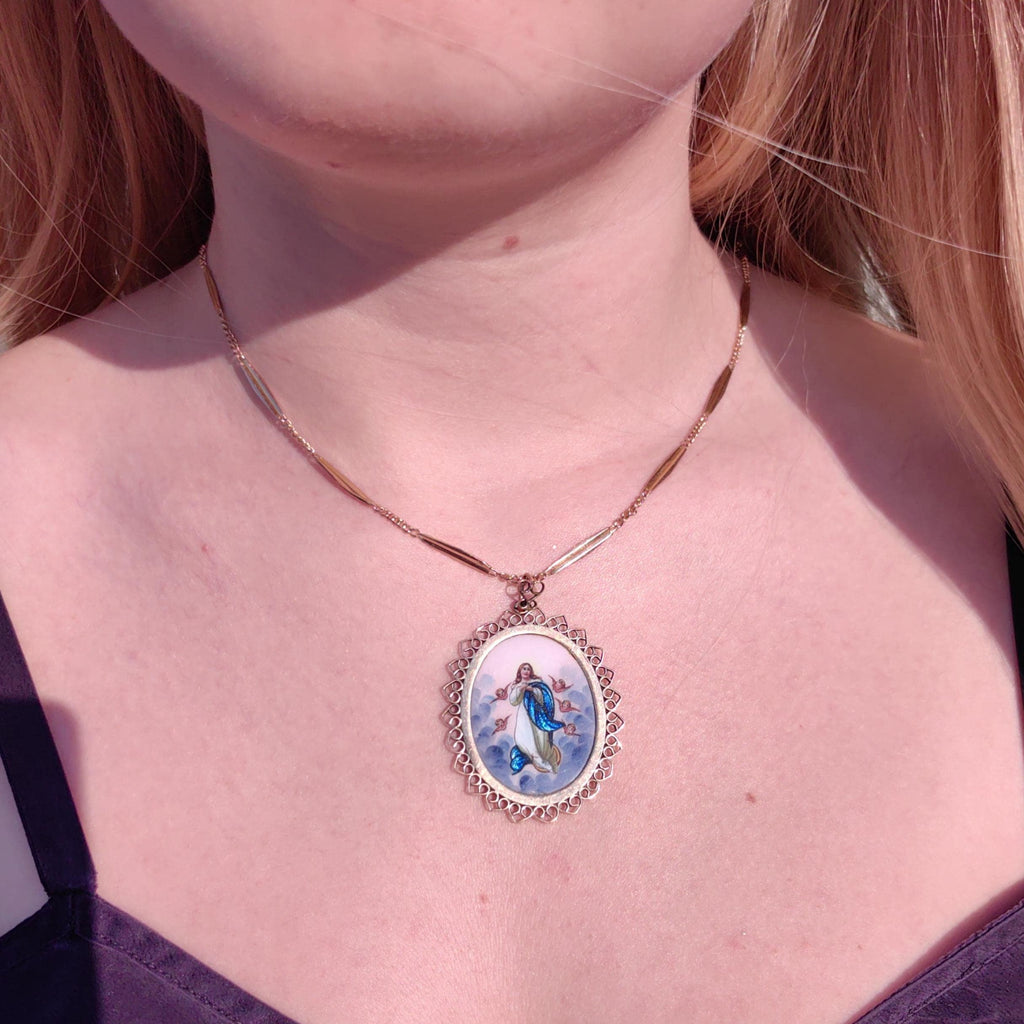 Antique Enamel Virgin Mary Pendant: 14K Gold Art Nouveau Religious Charm