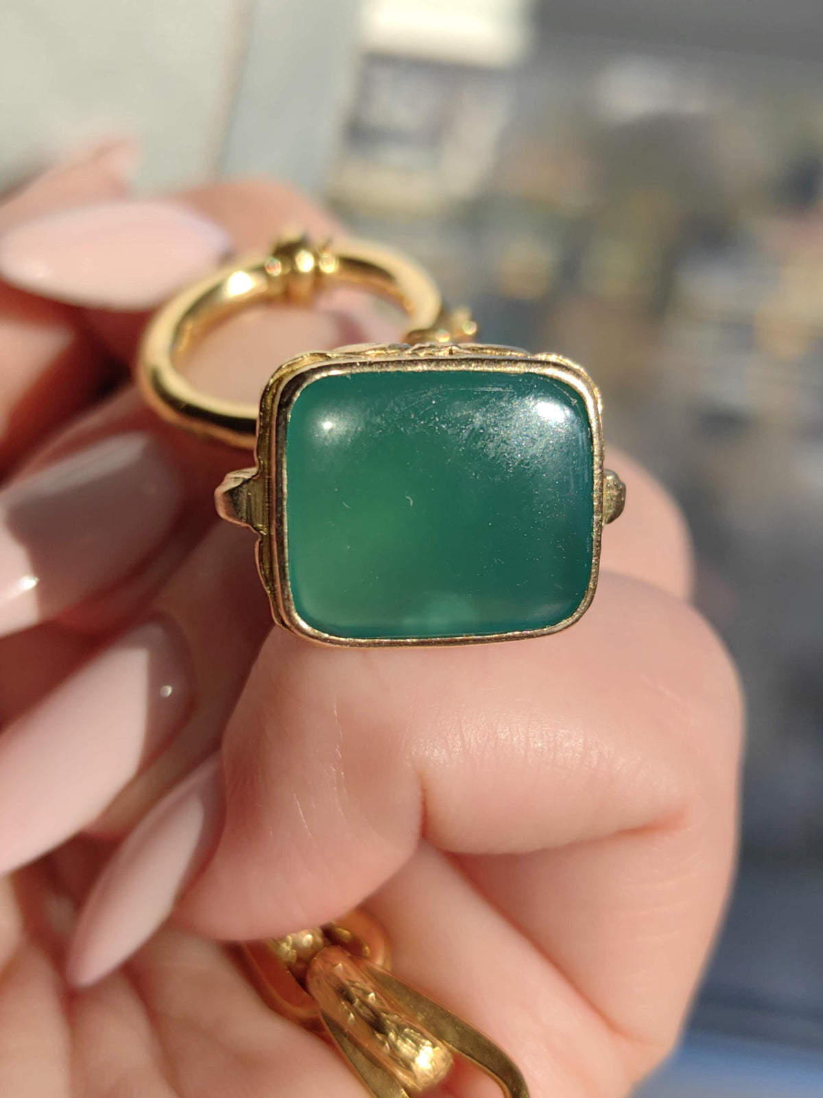 Victorian 14k Gold Chrysophrase Watch Fob Pendant: Hand-Chiseled 1880s Statement Piece