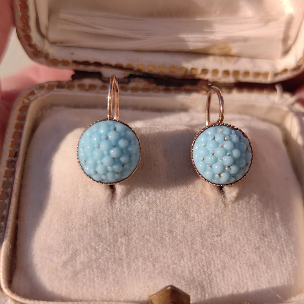 Antique 14k Yellow Rose Champagne Gold Turquoise Porcelain Dormouse Earrings Art Nouveau Floral Design Dangle Earrings