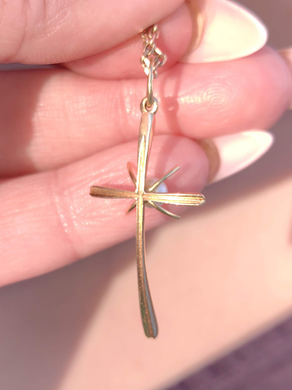 18k Gold Pearl Cross Pendant: Art Deco Christian Jewelry