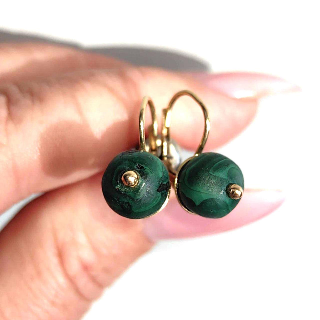 Antique 14k Gold Malachite Earrings: Art Nouveau Sleepers