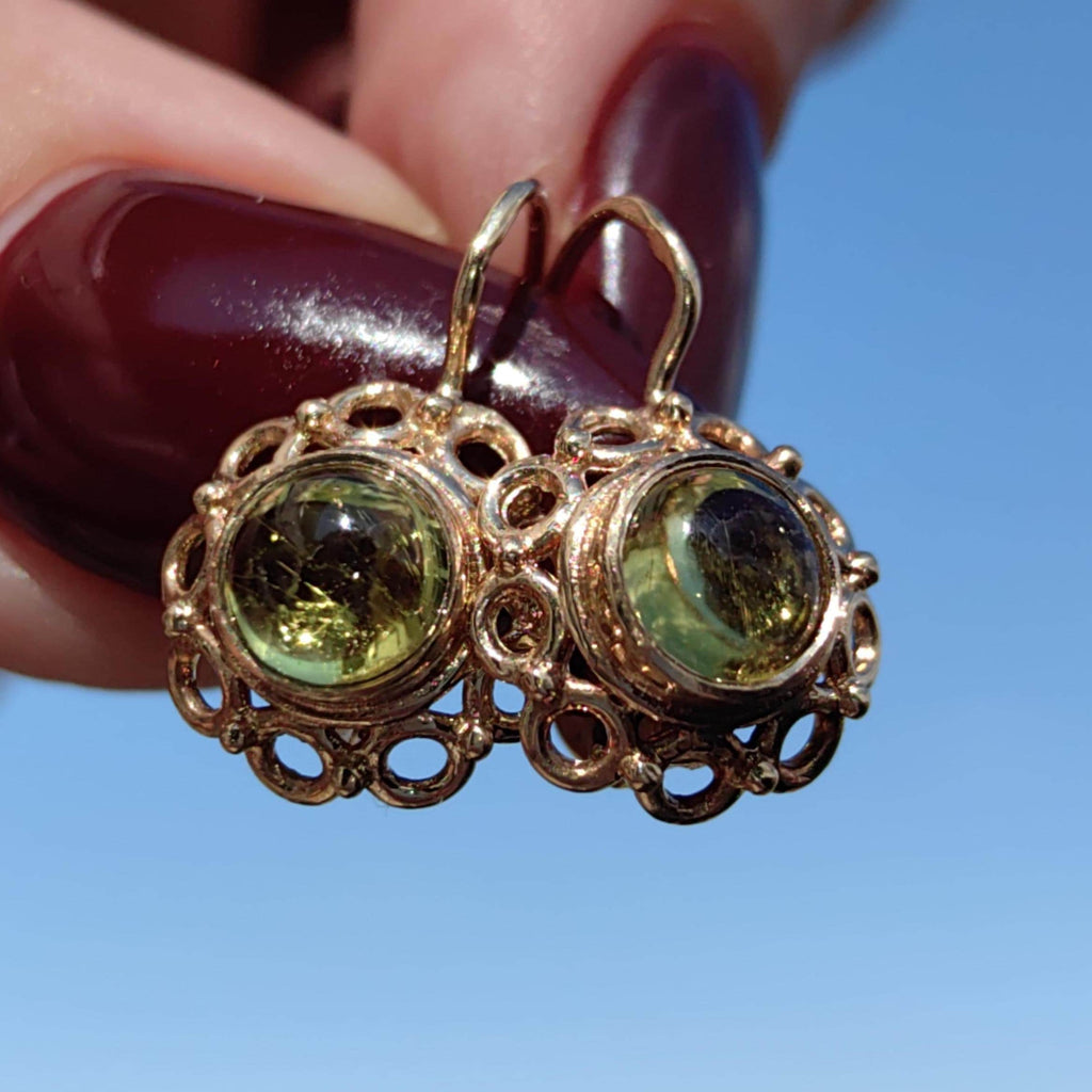Green 14k Solid Yellow Rose Gold Green Yellow Tourmaline Antique Vintage Floral Flower Elegant Dainty Earrings Vintage 1940s Dormouse Gift