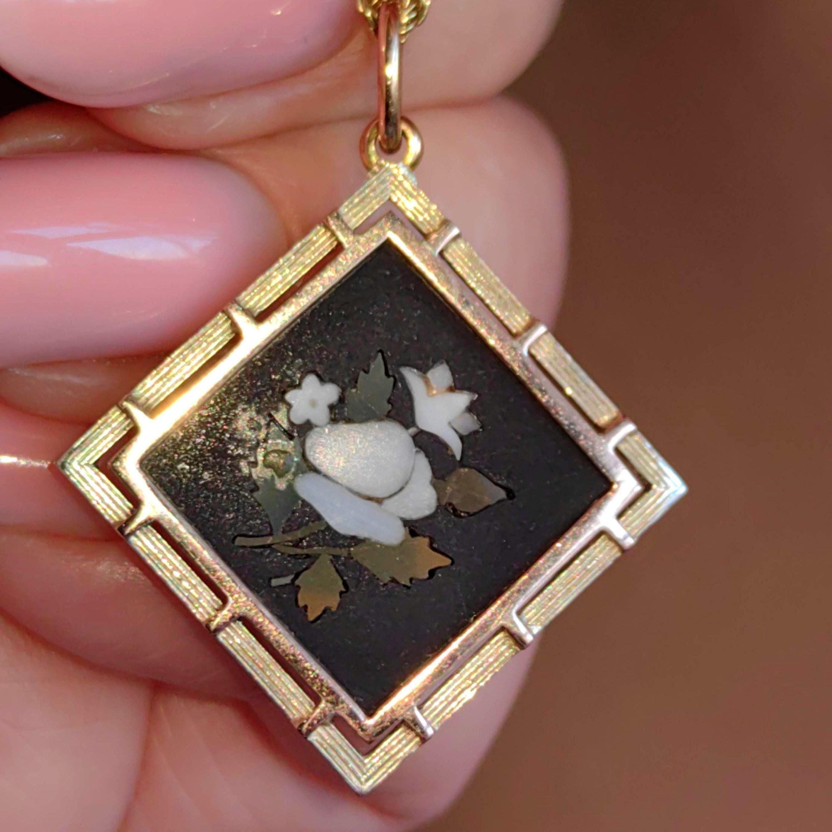 Victorian Micromosaic Flower Pendant: 18k Gold & Petra Dura Stone