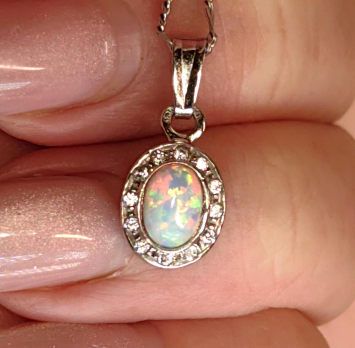 Natural Opal Solid 14k white Gold  Colorful  Stone Vintage Antique  Pendant, Dainty Cubic Zirconia Charm Elegant Gift for Her