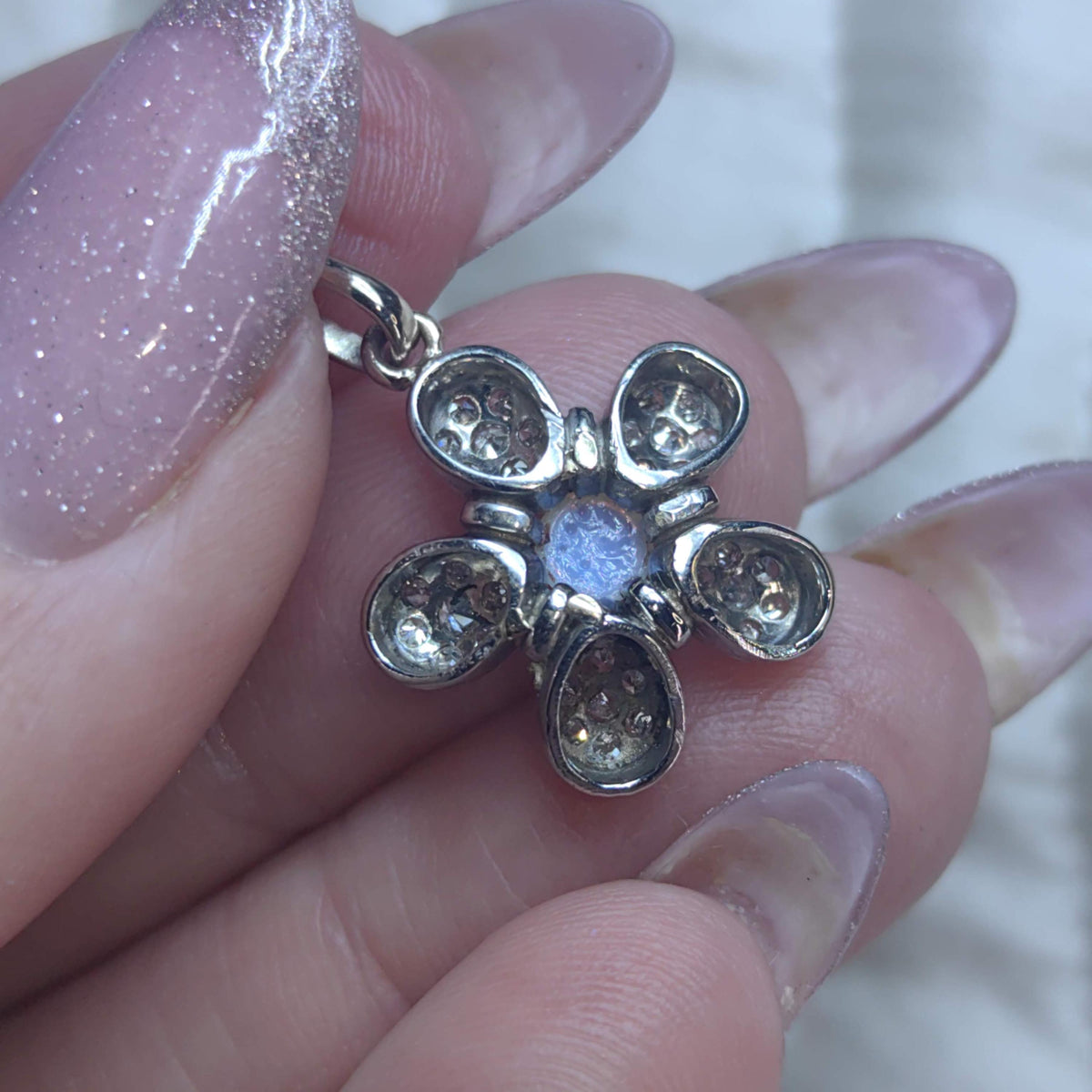 Art Deco Diamond Moonstone Flower Pendant: 18k White Gold Charm
