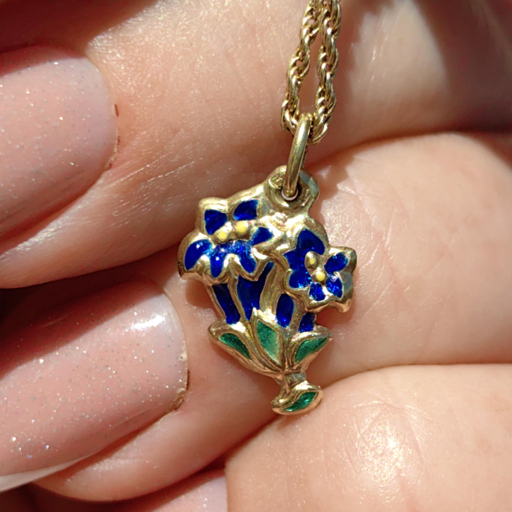14k Gold Art Deco Floral Pendant: Hand Painted Enamel Flower Charm