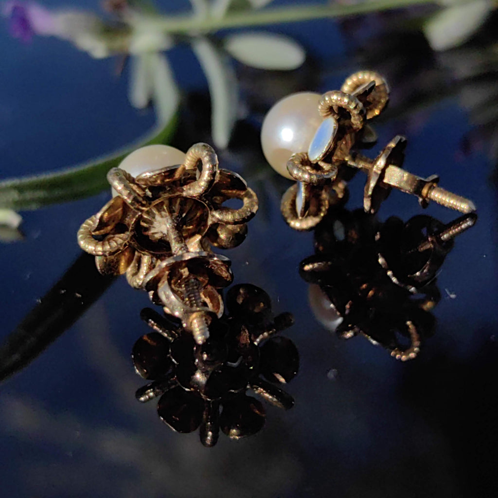 Victorian 18k Gold Pearl Earrings: Enamel Flower Studs