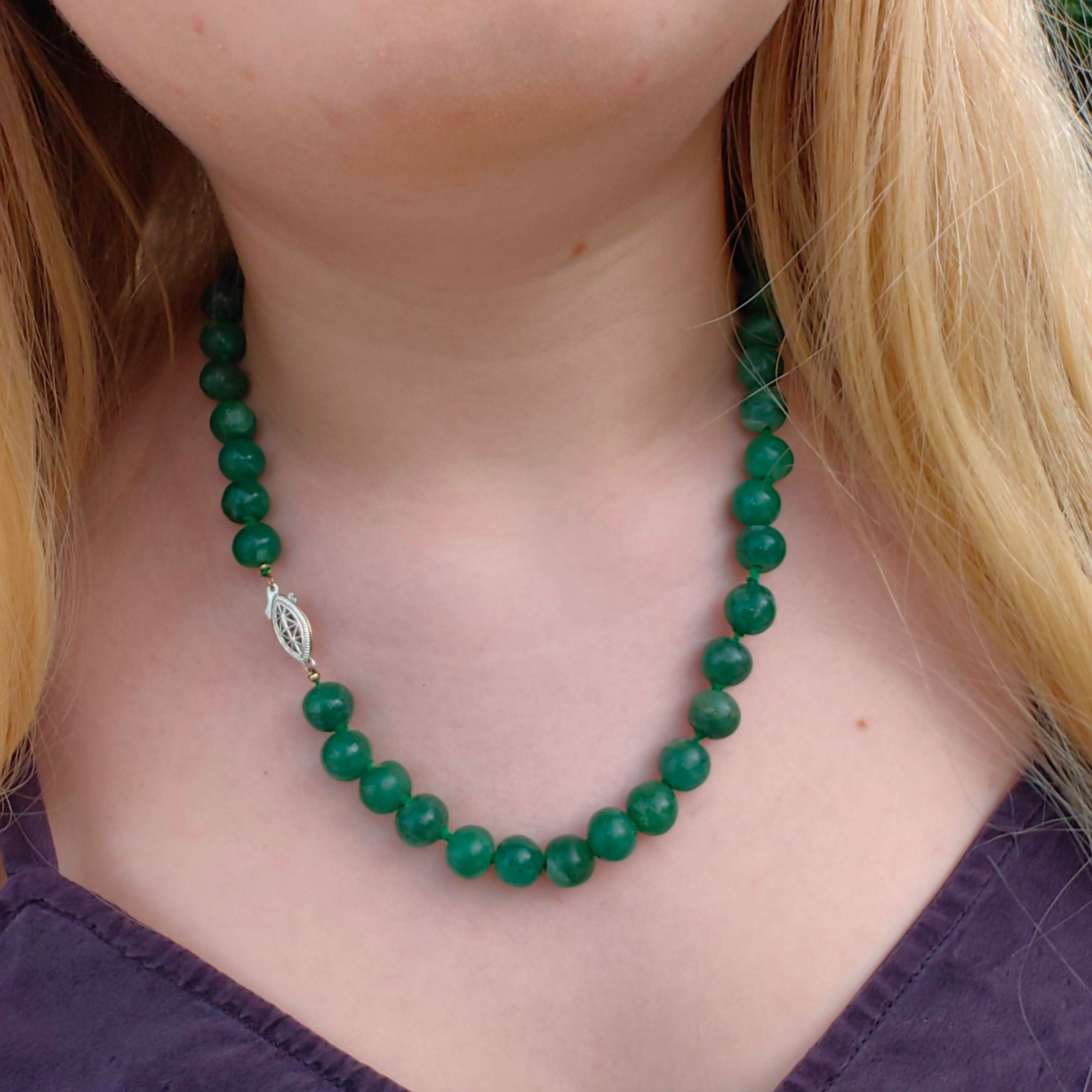 1930s Art Deco Natural Green Aventurine Beaded Statement Elegant Necklace Sterling Silver Clasp Gift for Her Present