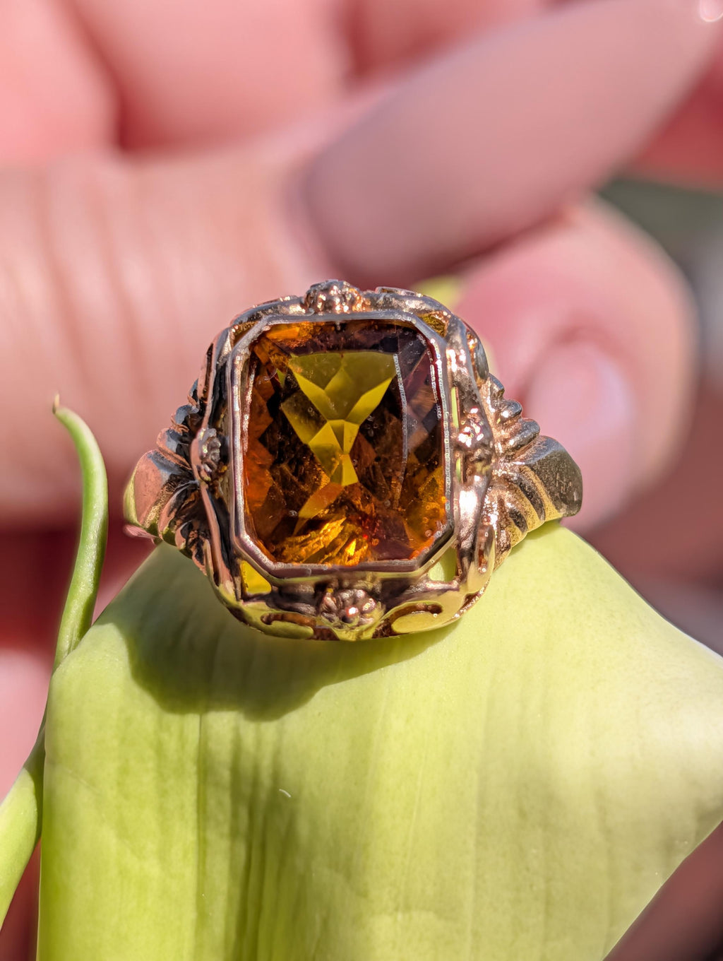 Mid Century Art Deco Style  Citrine Solid 14k Hallmarked Yellow Gold Statement Solitaire Emerald Cut Ring, Unisex Yellow Stone Ring Gift