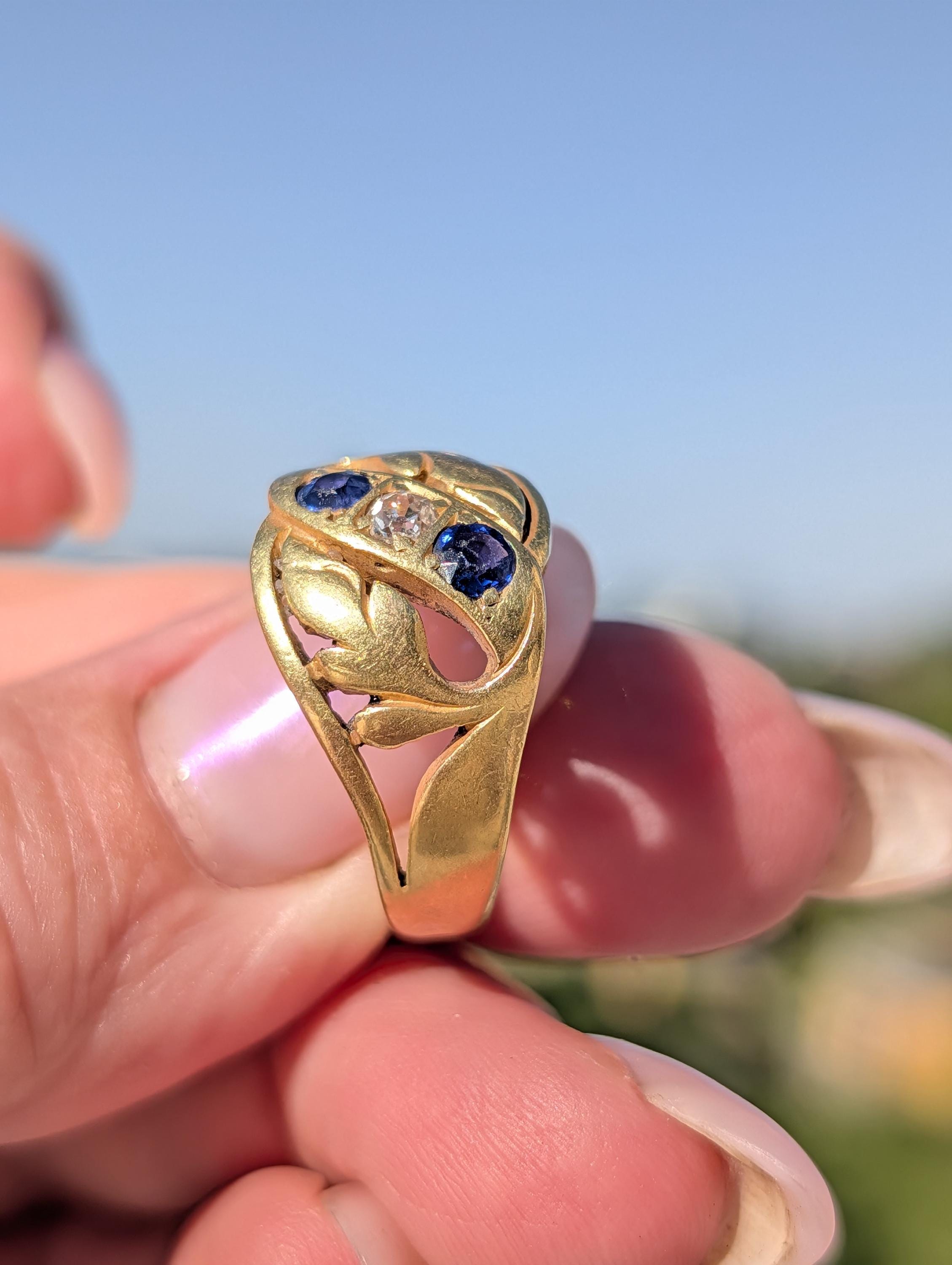Victorian 1880s Sapphire Diamond Three Stone Ring 19K Gold Laurel Leaf Wide Band Antique US Duty Free HTS 9706