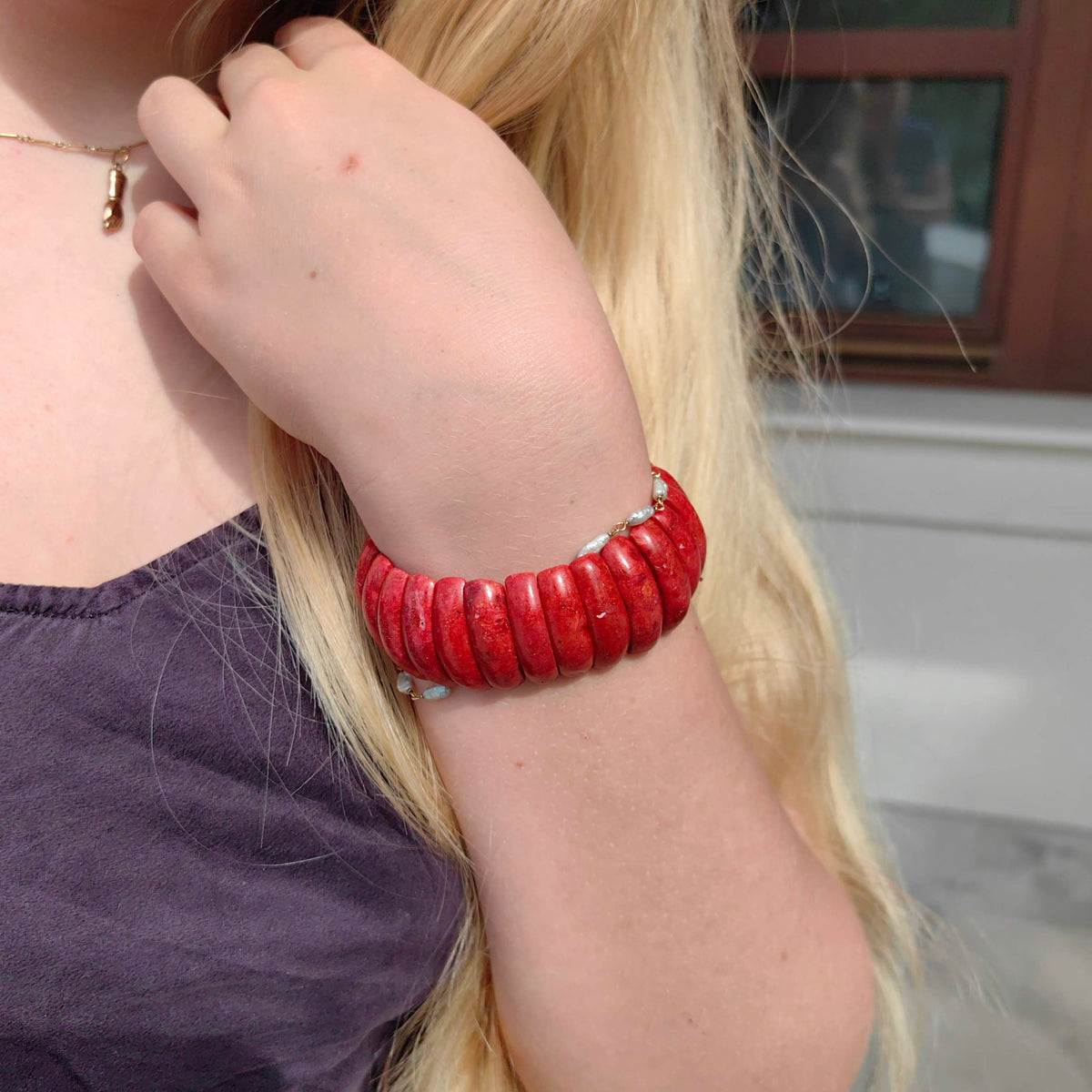 Vintage Natural Red Mediterranean Coral Elegant Statement Beaded Bracelet Unisex Elastic Band Gemstone Accessory Gift for Her Present