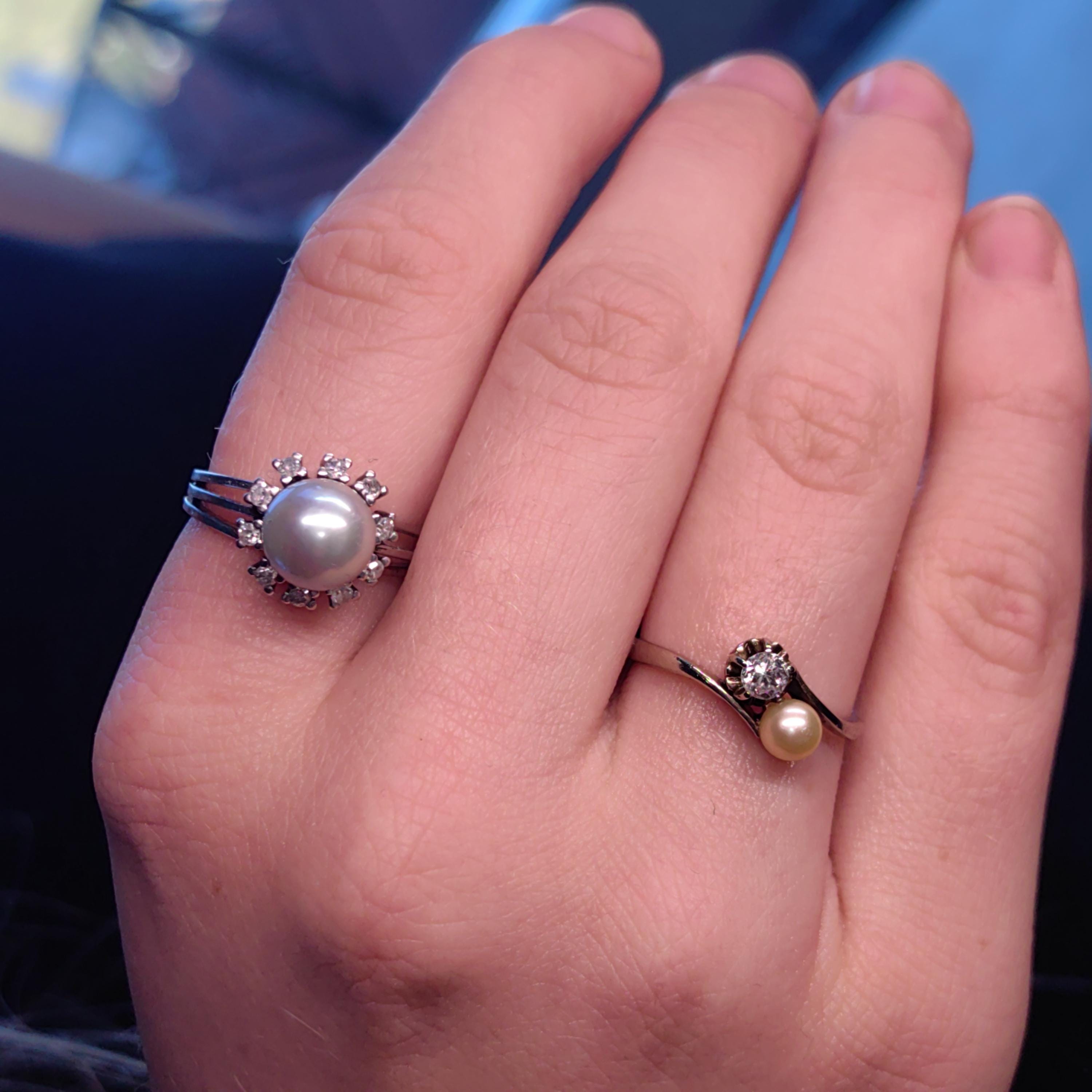 Art Deco Antique Vintage 1940s Cultured Natural Pearl Diamond 18k Solid White Gold Two Stone Wave Elegant Ring Gift for Her