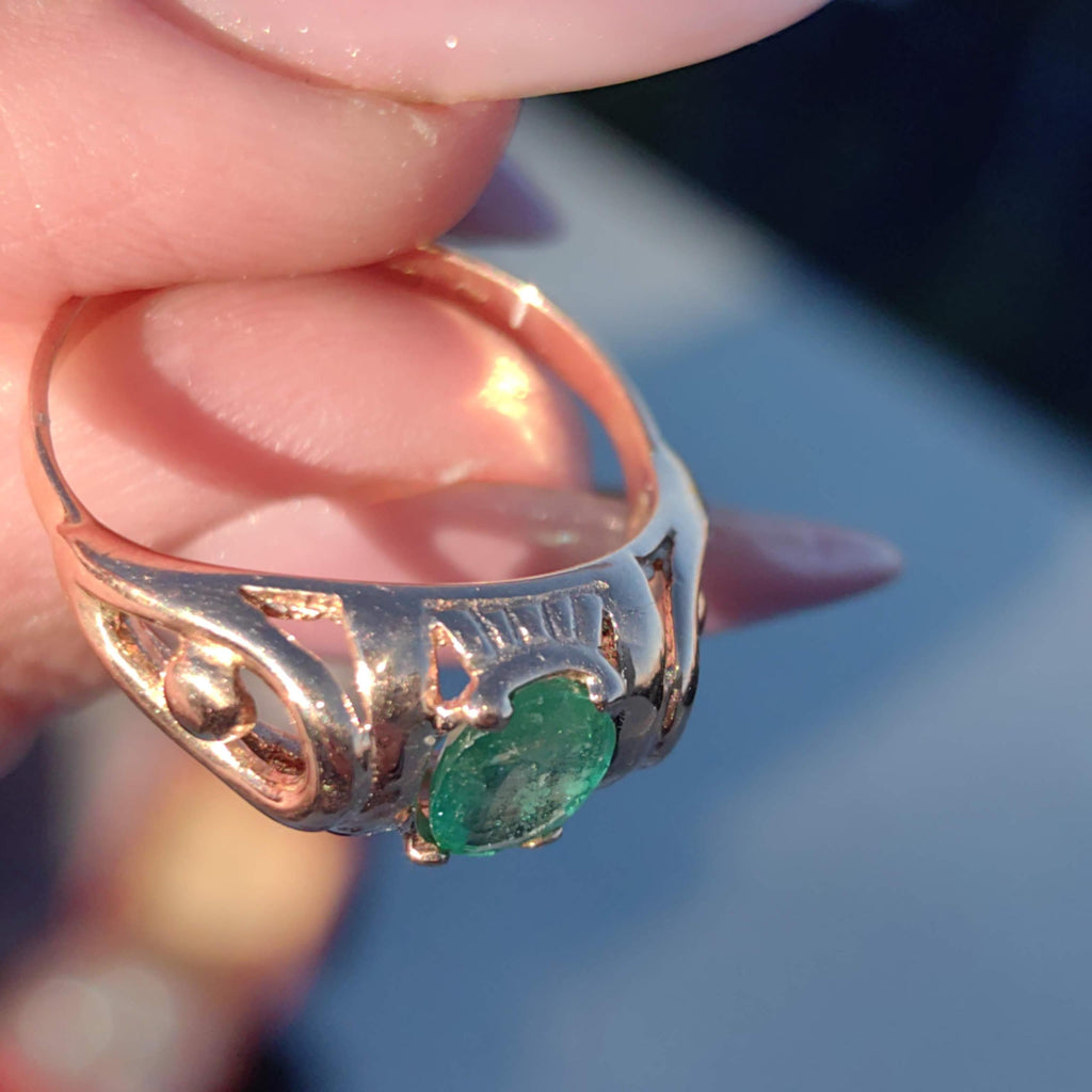 Art Nouveau 1900s Emerald Hallmarked 14k 585 Solid Yellow Rose Gold Antique Vintage Oval Natural Stone Band Solitaire Ring Gift Present