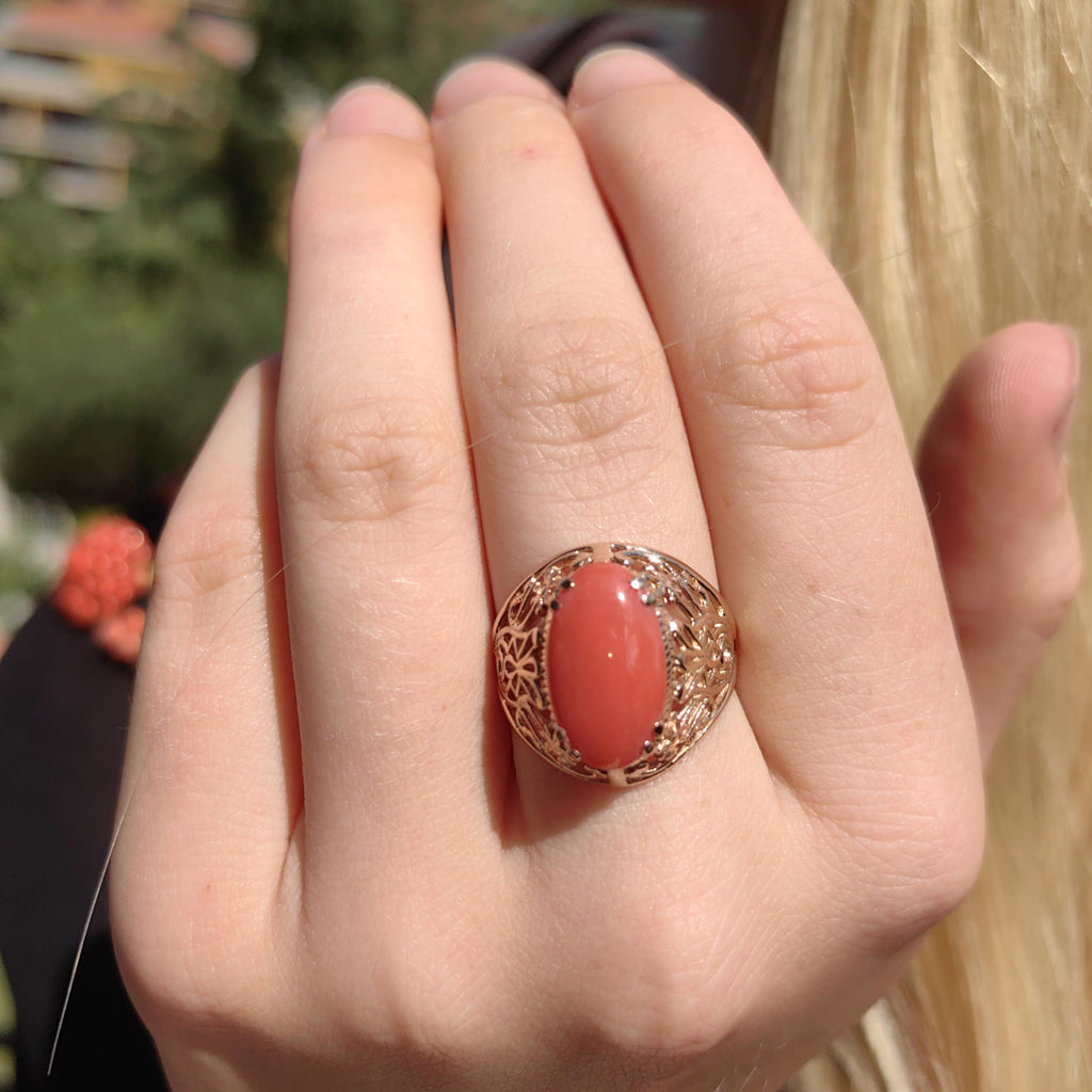 Mediterranean Red Coral Ring: 14k Champagne Gold, Mid-Century Cabochon