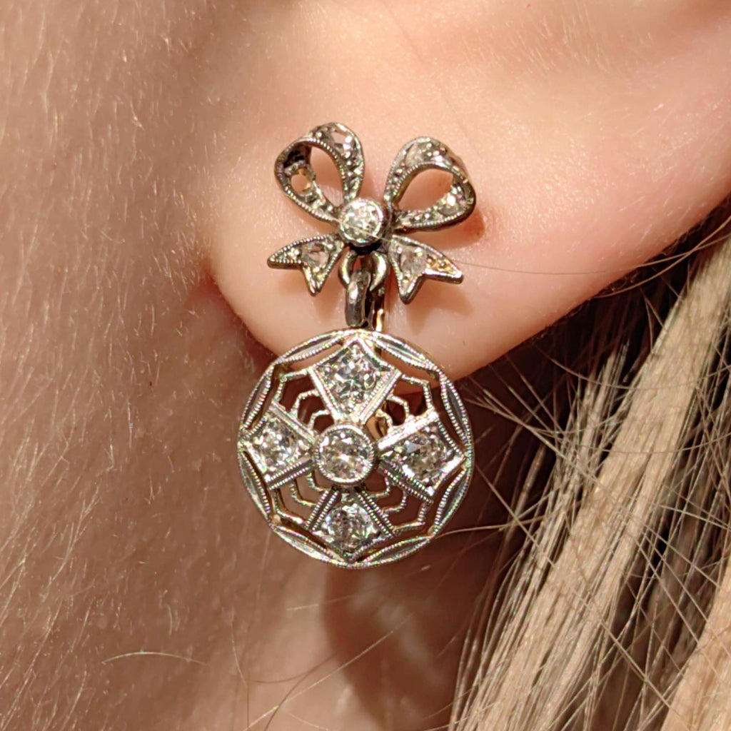 Art Deco Diamond Bow Earrings: 18k Gold Dangle Earrings, 1920s Vintage Style