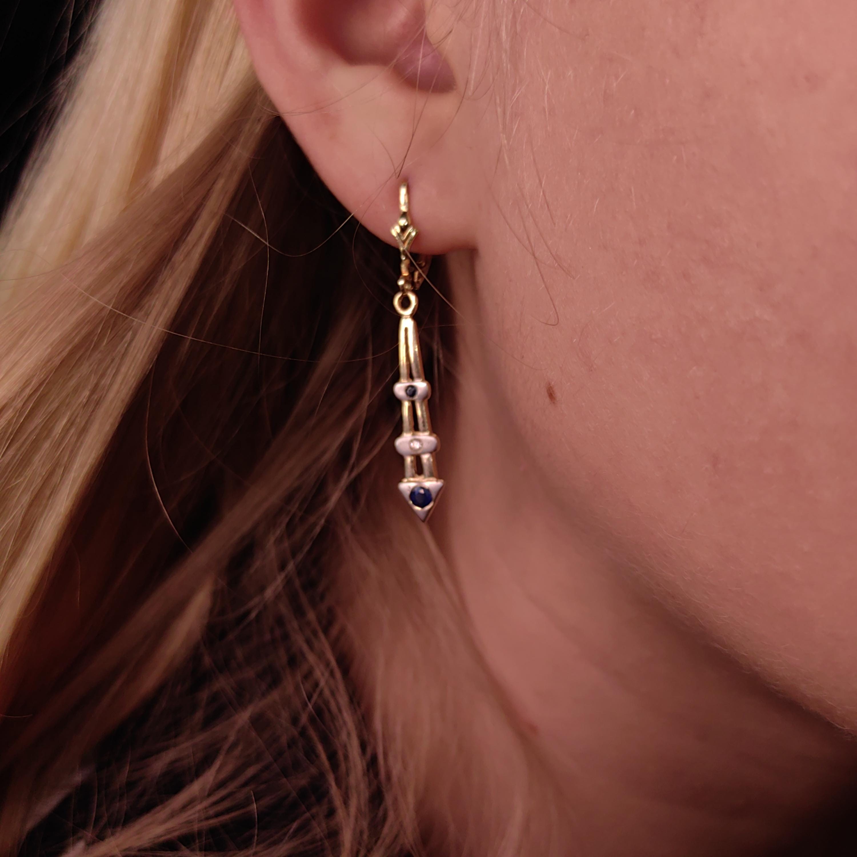 Antique Vintage Sapphire and Diamond 14k Solid Yellow Gold Mid Century Elegant Long Dangle Drop Lever Back Closure Earrings