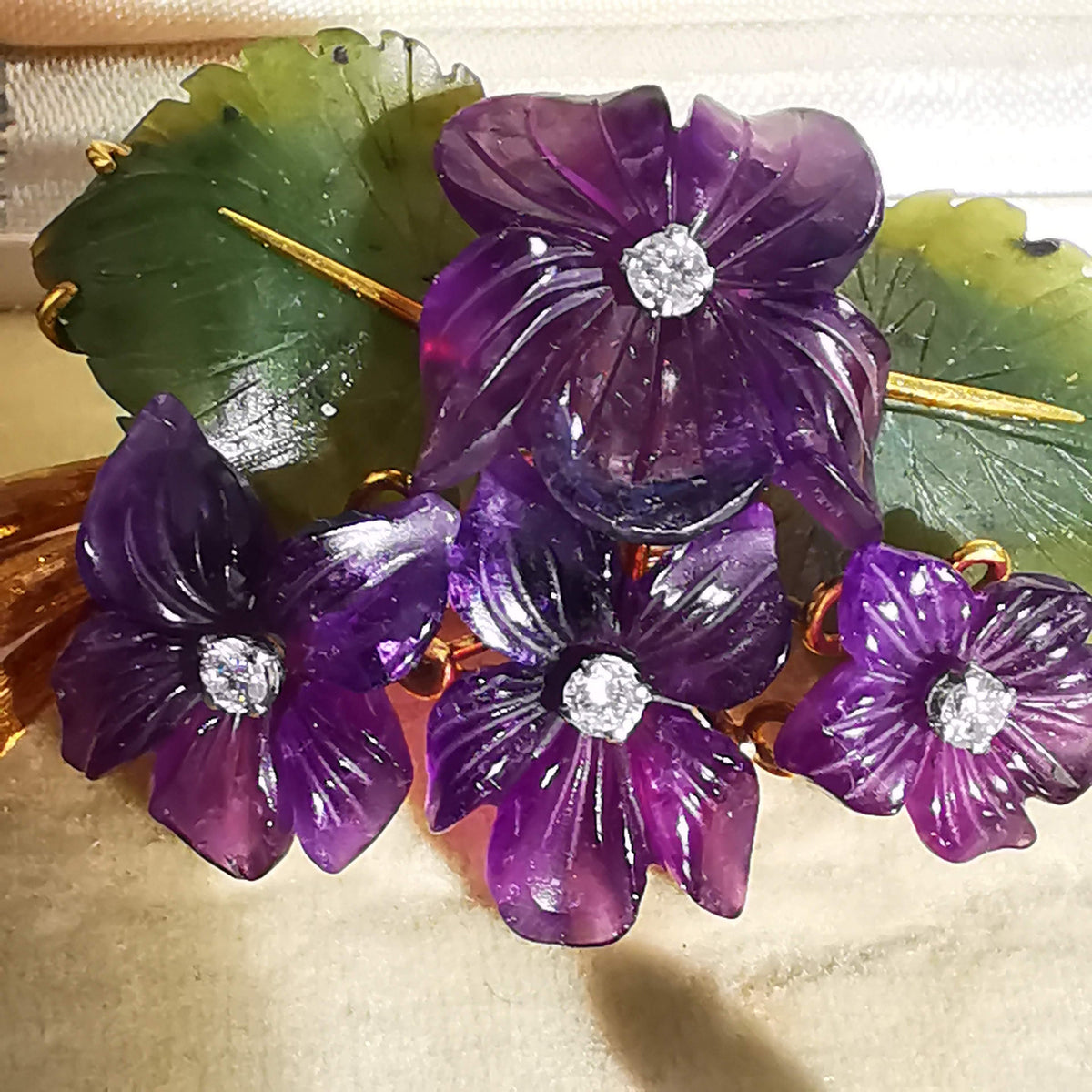 Art Nouveau 1900s Hand Carved Natural Purple Amethyst Jade Diamond 18k Solid Yellow Gold Brooch Antique Floral Violet Pin Gift for her