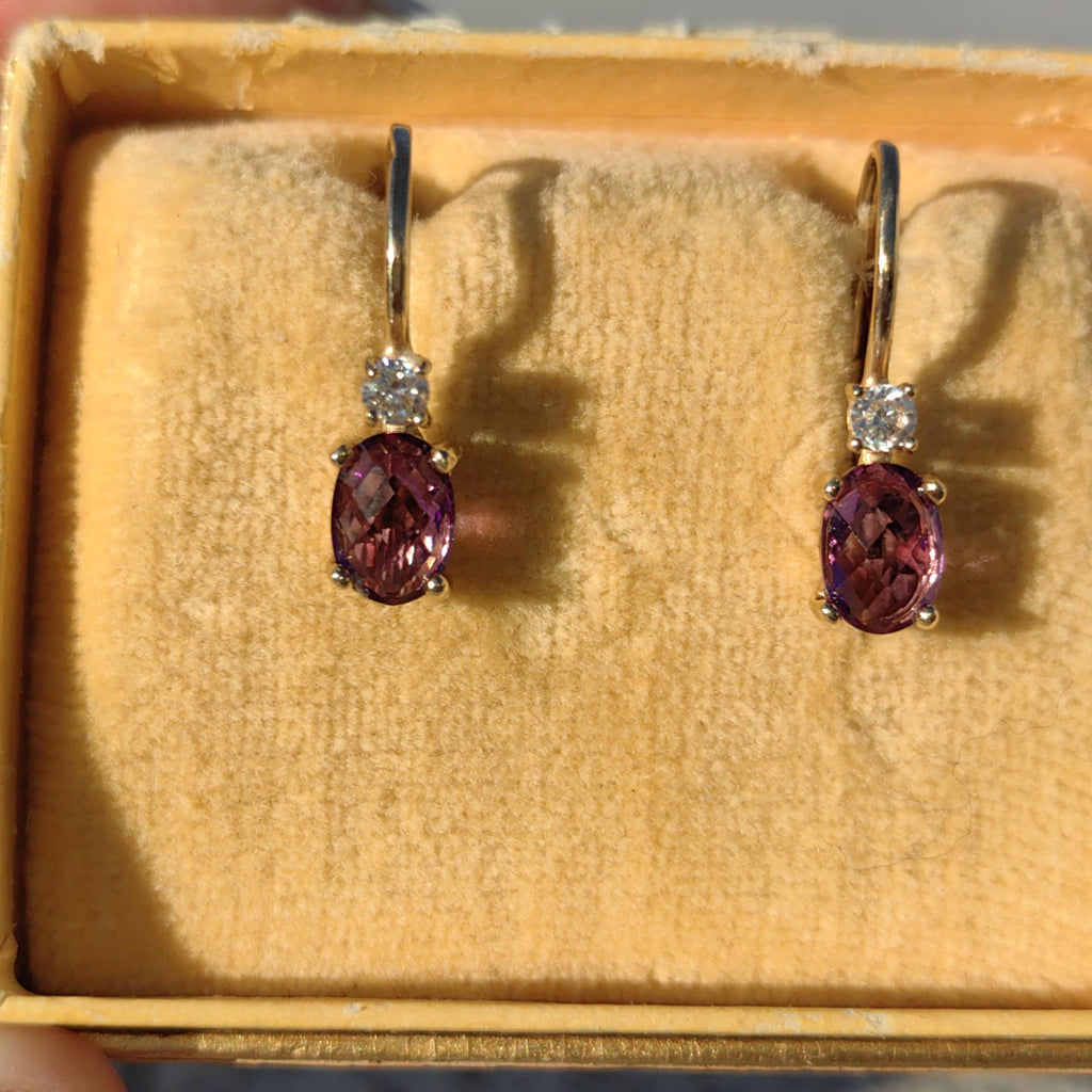 Vintage 14k Gold Amethyst & Diamond Drop Earrings: 1950s Dormeuse Sleepers