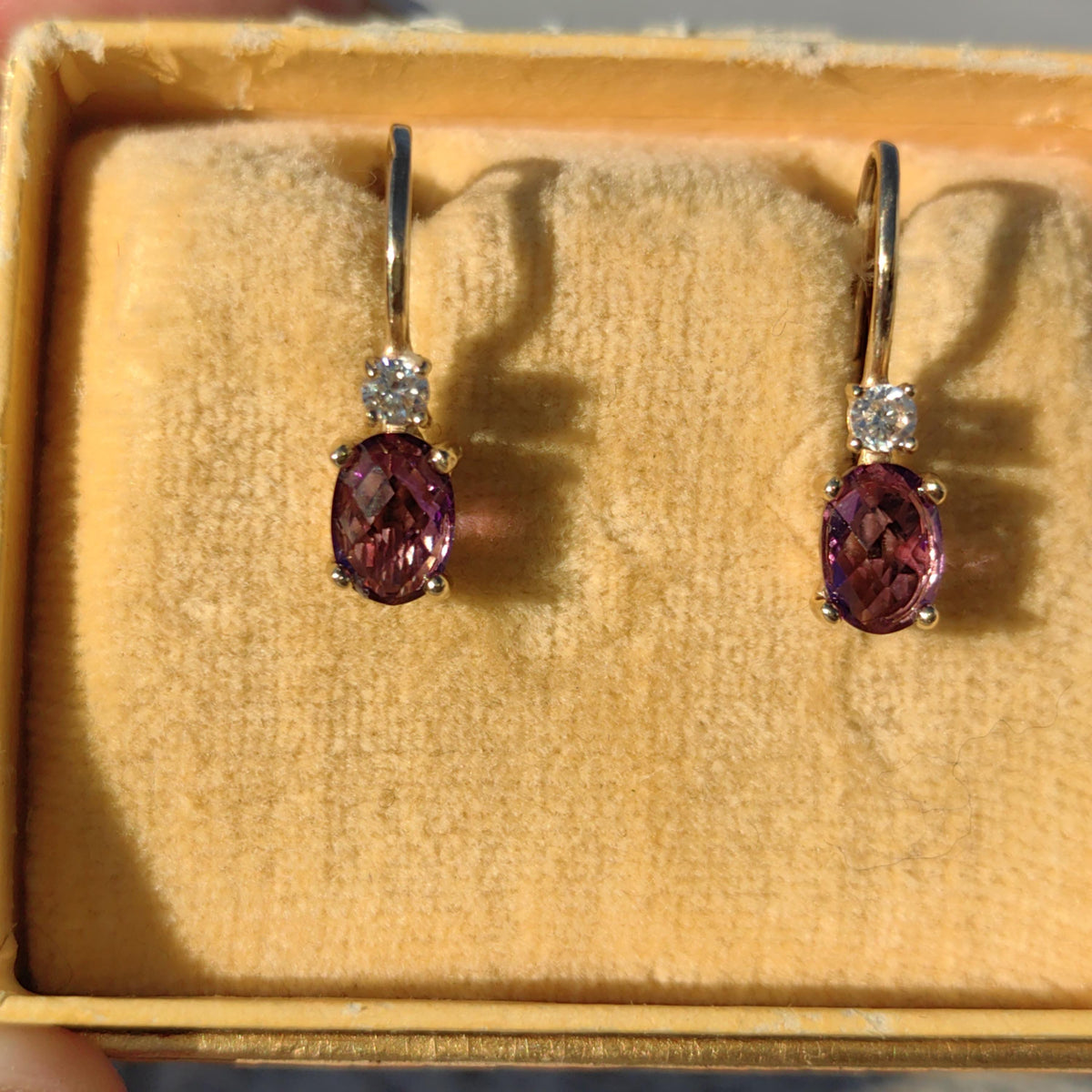 Vintage 14k Gold Amethyst & Diamond Drop Earrings: 1950s Dormeuse Sleepers