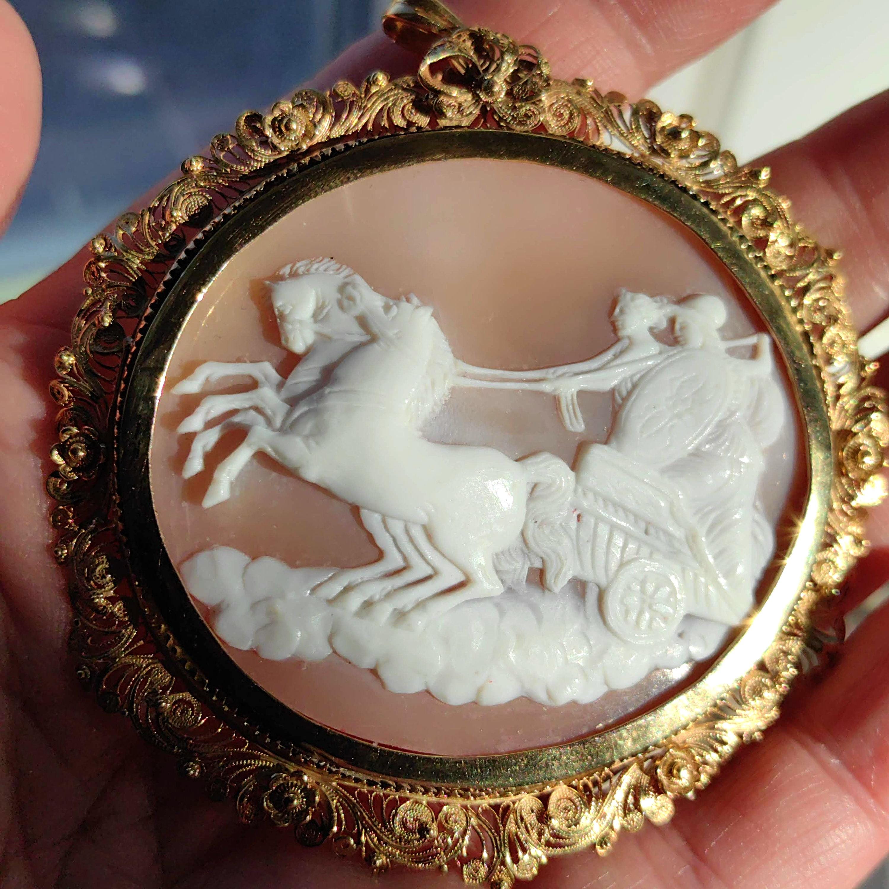 Antique 1830s Empire Shell Cameo Brooch Pendant: 14k Yellow Gold Filigree
