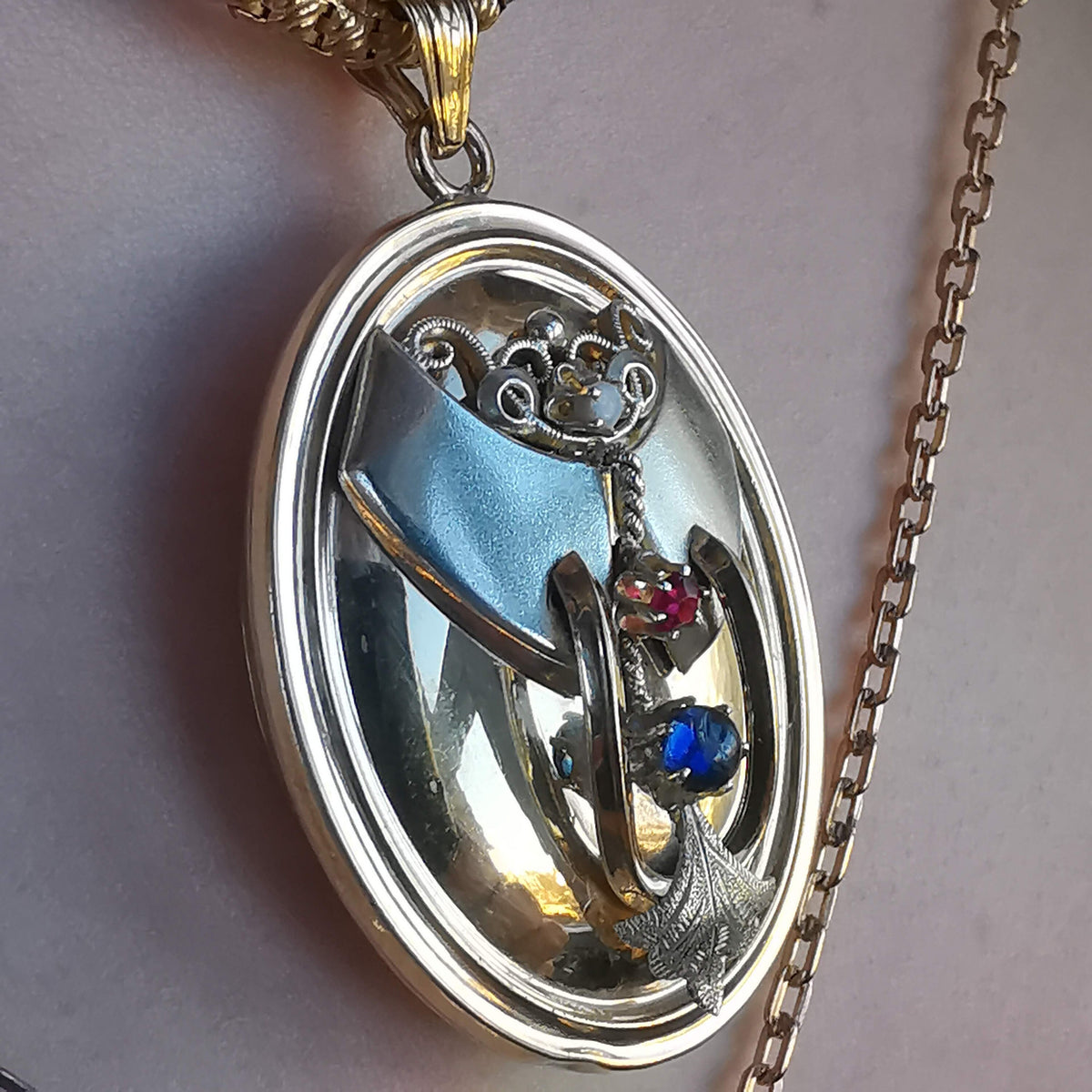 Victorian Gold Plated Silver Locket Pendant for two photos with artificial gems 1870s