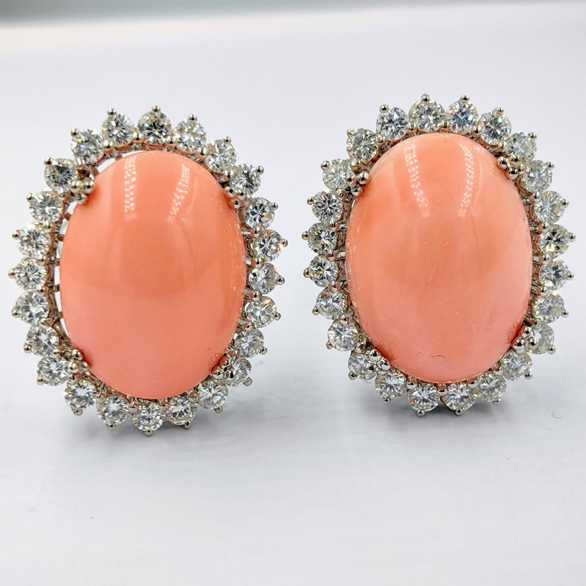 1960s Angel Skin Coral Diamond Earrings, 2.40ct Diamonds, 18k White Gold, 25mm Mid-Century Omega Backs