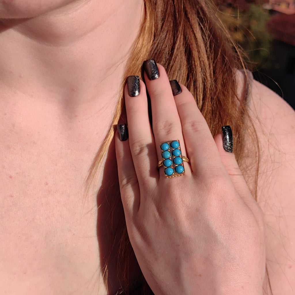 Victorian 1890s Natural Persian Blue Turquoise 18K Solid Hallmarked Yellow Gold Ring Hand-Chiseled Elegant Statement Ring Gift for Her
