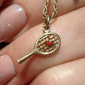 Vintage 14k Solid Yellow Gold Tennis Racket Sports Lover Necklace Pendant Red Heart Hand Painted Fire Enamel Charm Gift for Tennis Player