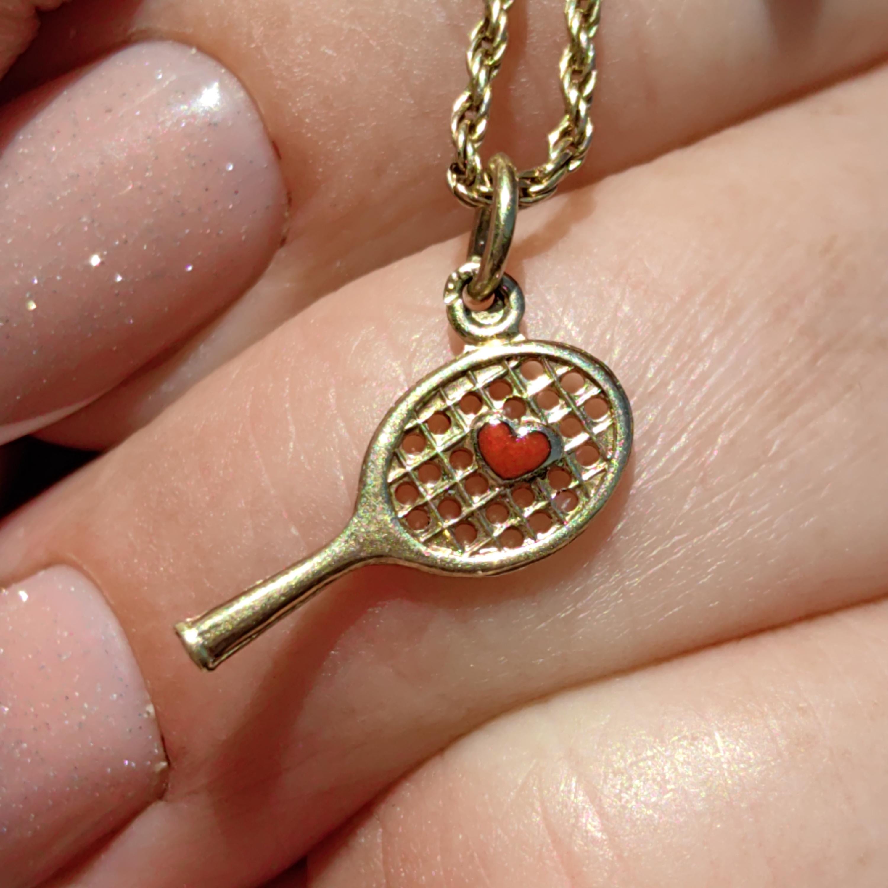 Vintage 14k Solid Yellow Gold Tennis Racket Sports Lover Necklace Pendant Red Heart Hand Painted Fire Enamel Charm Gift for Tennis Player