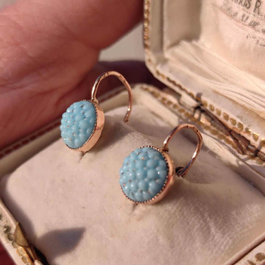 Antique 14k Yellow Rose Champagne Gold Turquoise Porcelain Dormouse Earrings Art Nouveau Floral Design Dangle Earrings