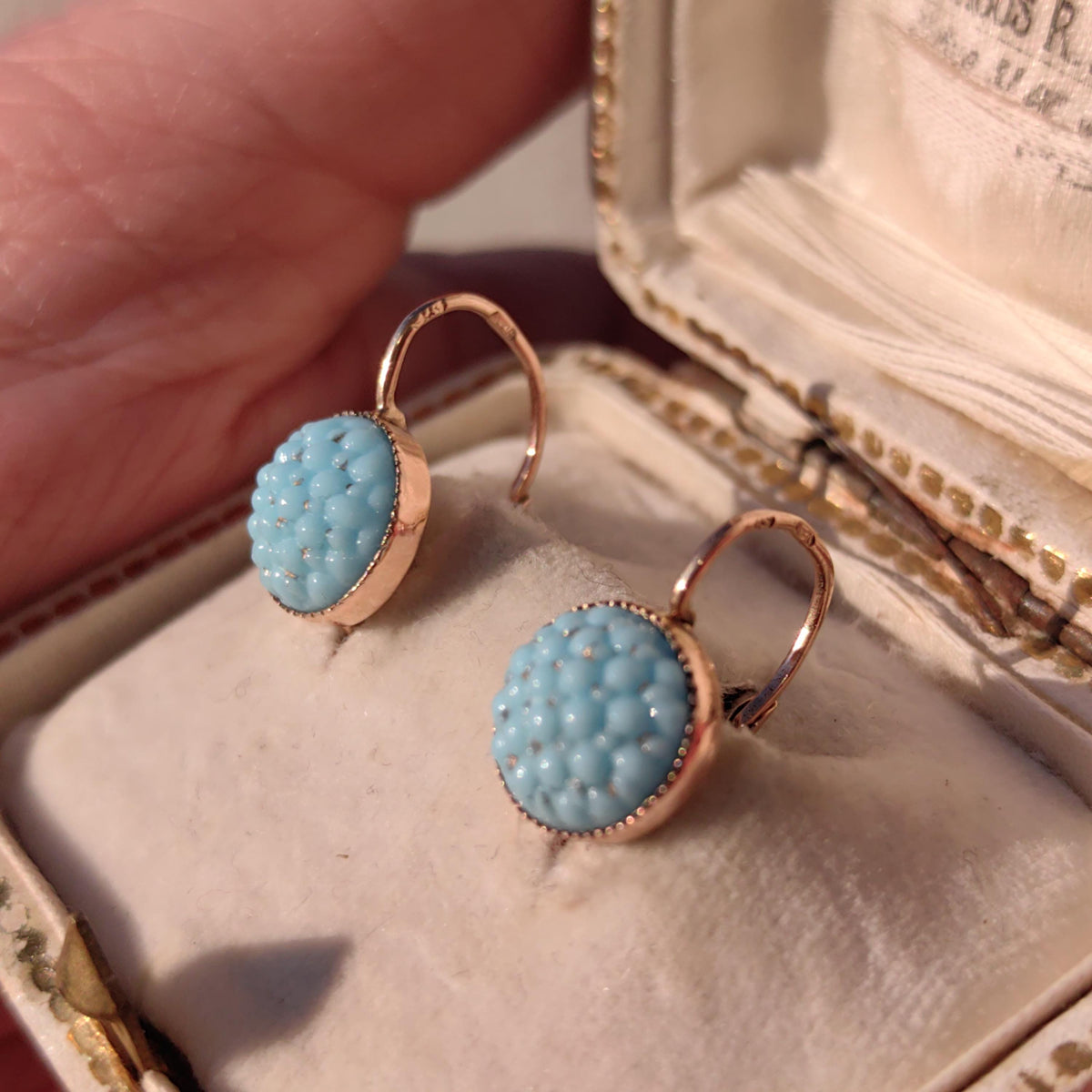Antique 14k Yellow Rose Champagne Gold Turquoise Porcelain Dormouse Earrings Art Nouveau Floral Design Dangle Earrings
