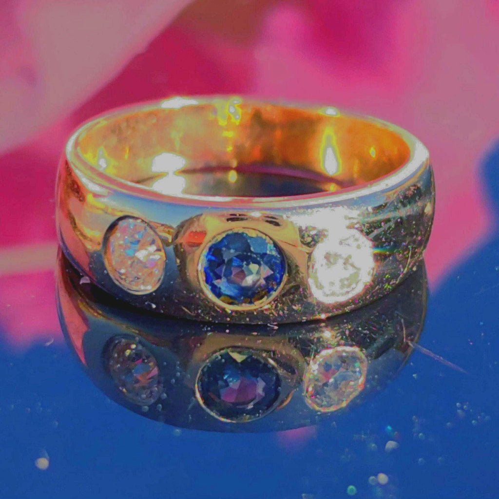 Victorian Sapphire Diamond Ring: 14k Yellow Gold Antique Gipsy Band