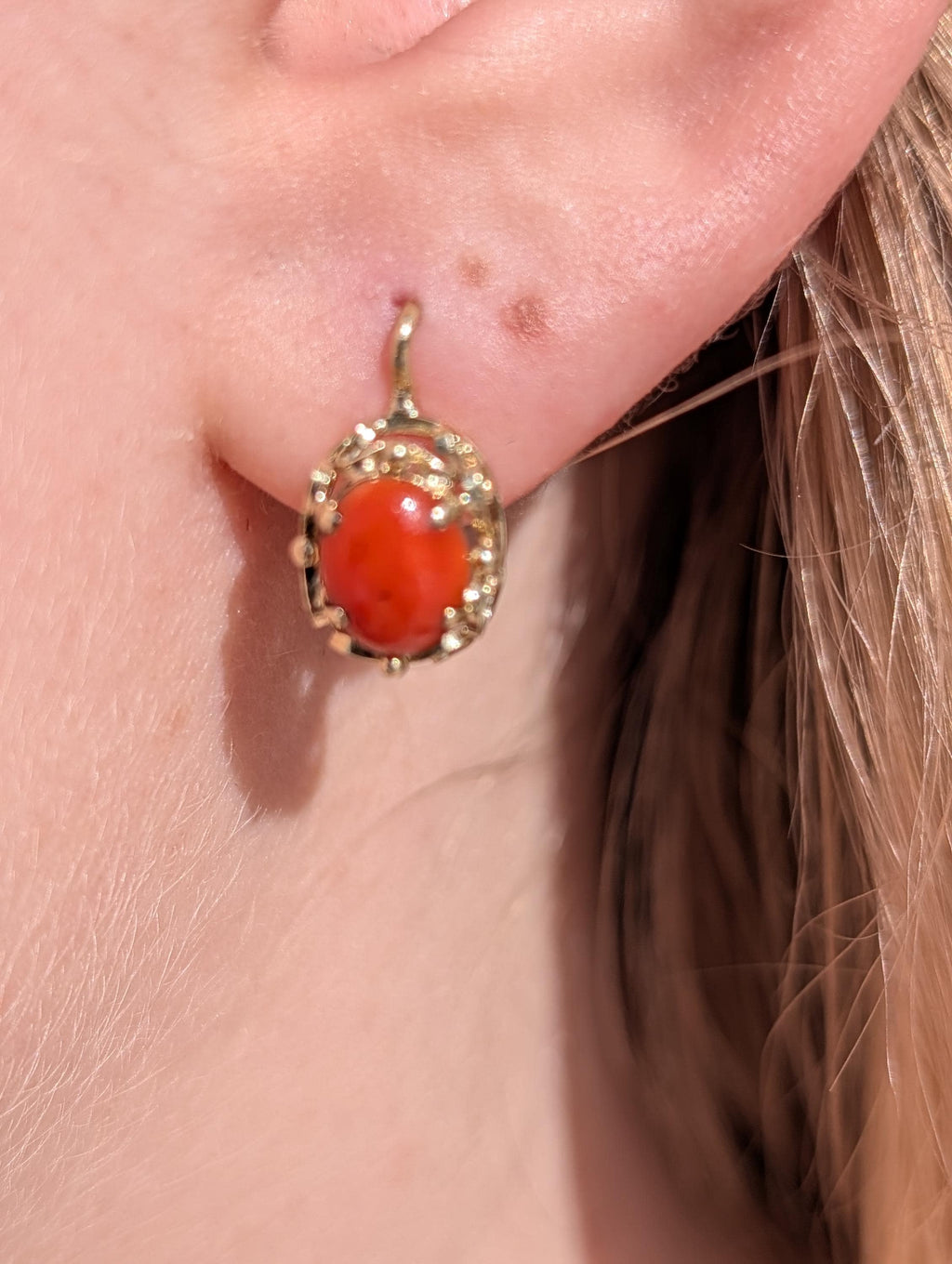 Victorian 1900s 14k Yellow Gold Coral Sleeper Earrings, Antique Oval Red Coral Lever Back Earrings, 9x15mm Art Nouveau US Duty Free HTS 9706