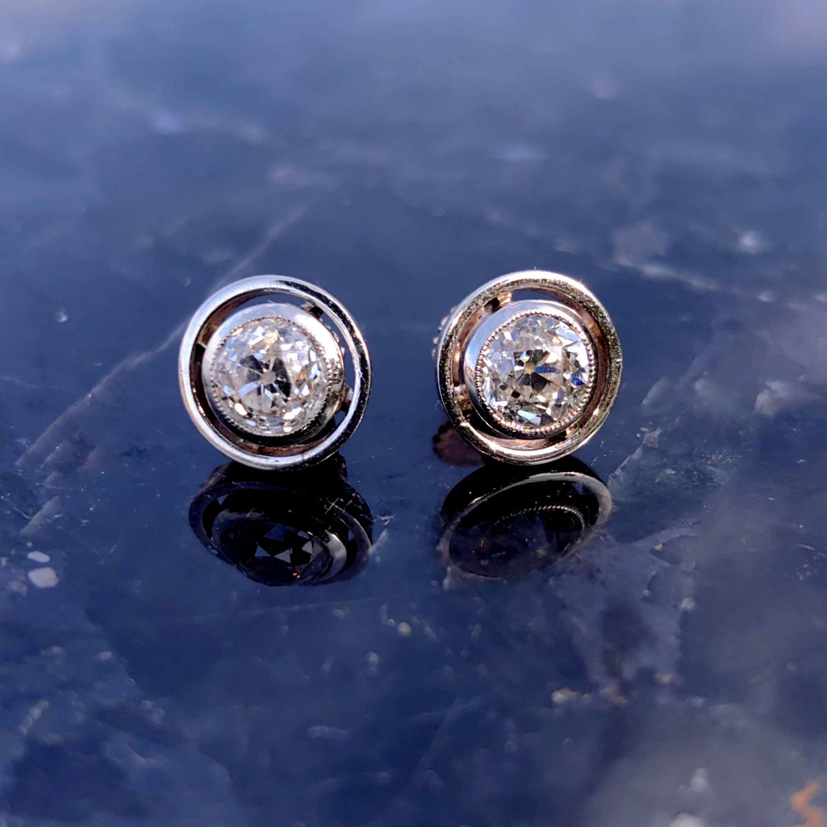 Antique 1.3ct Old European Cut Diamond 14k Gold Earrings