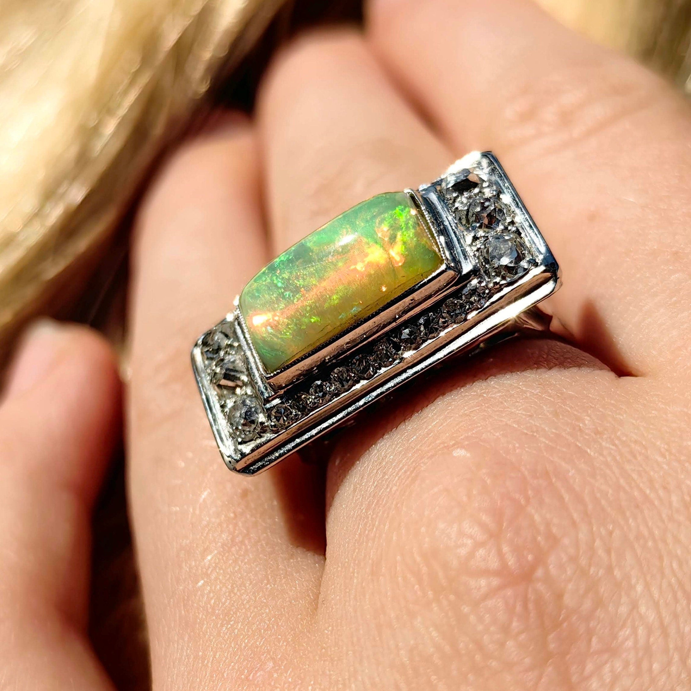 Art Deco Antique Vintage Diamond and Opal 14k White Gold Statement Ring