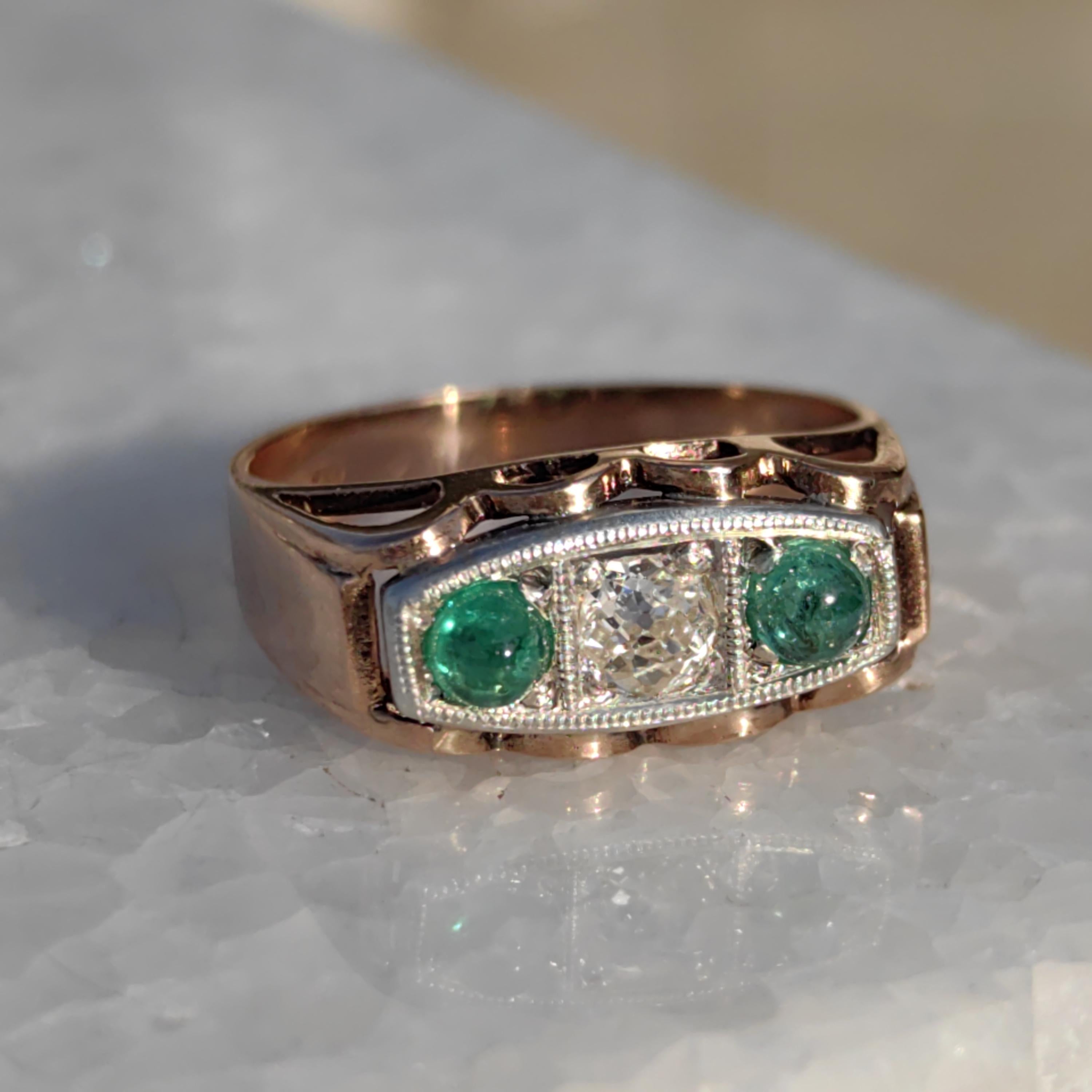 Antique 14k Gold Emerald & Diamond Ring: 1920s Art Deco Statement