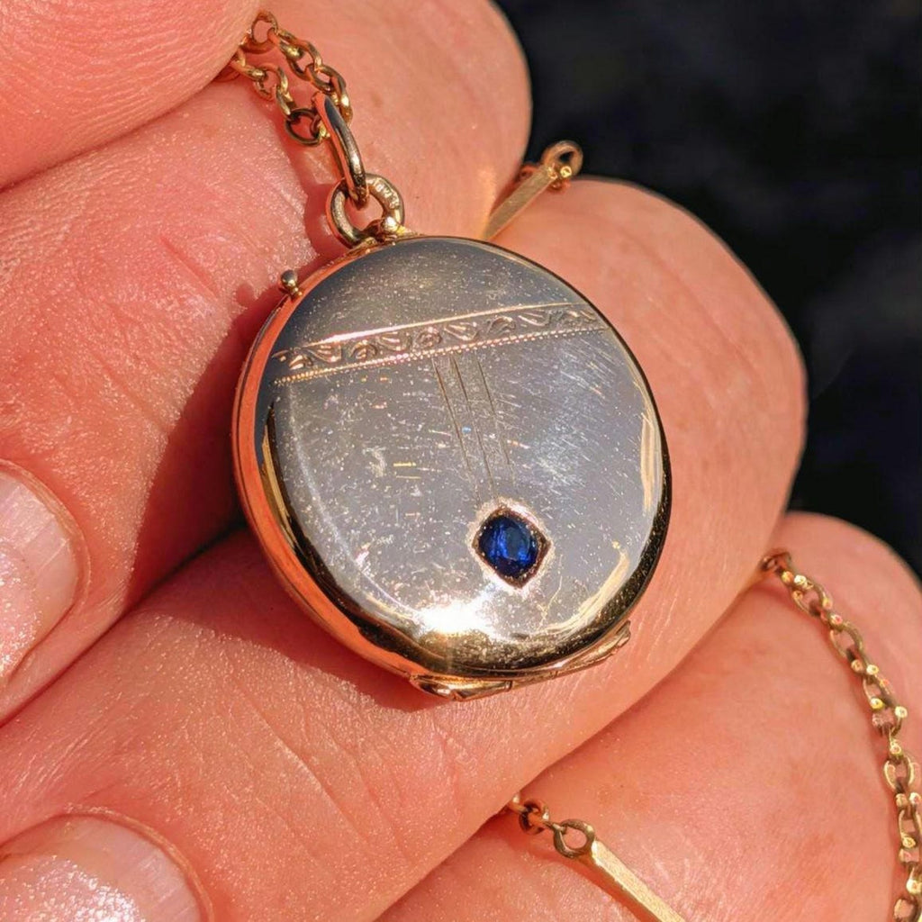 Antique Art Nouveau 14k gold sapphire photo locket