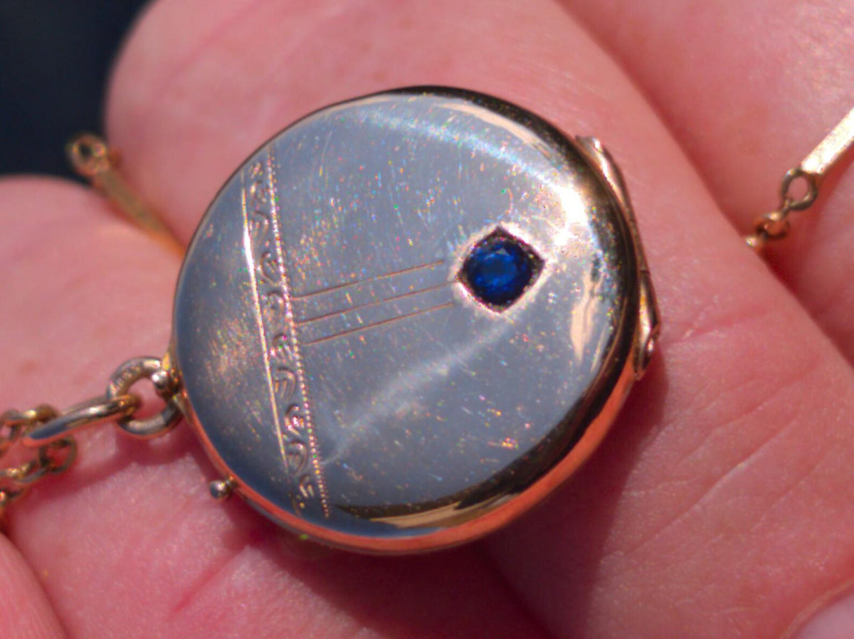 Antique Art Nouveau 14k gold sapphire photo locket