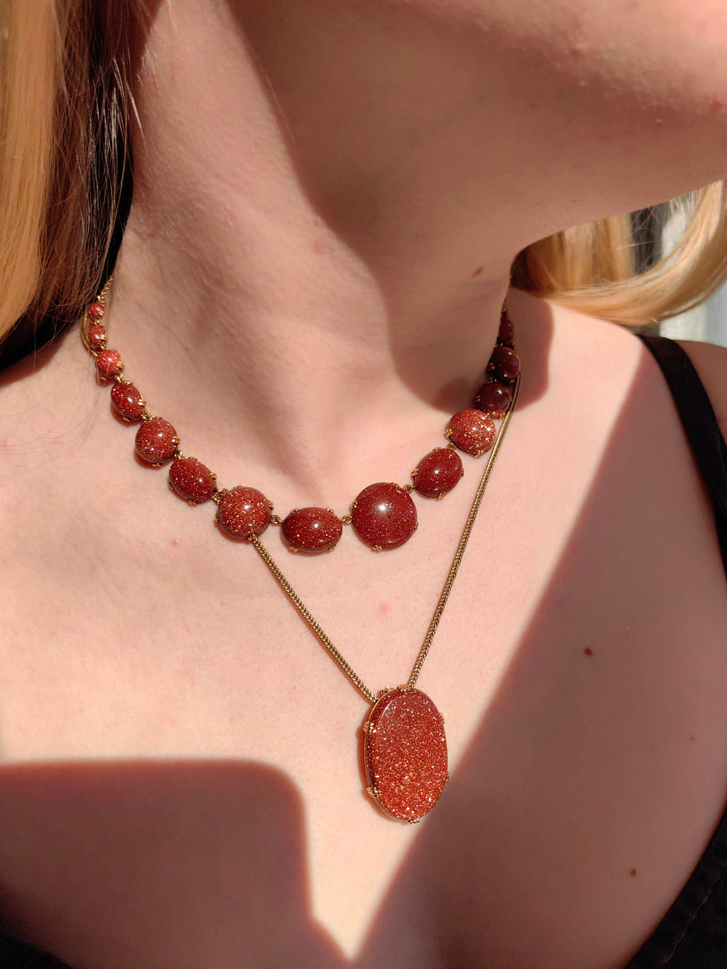 Victorian Goldstone Brooch Pendant: Antique 19K Yellow Gold Statement Jewelry